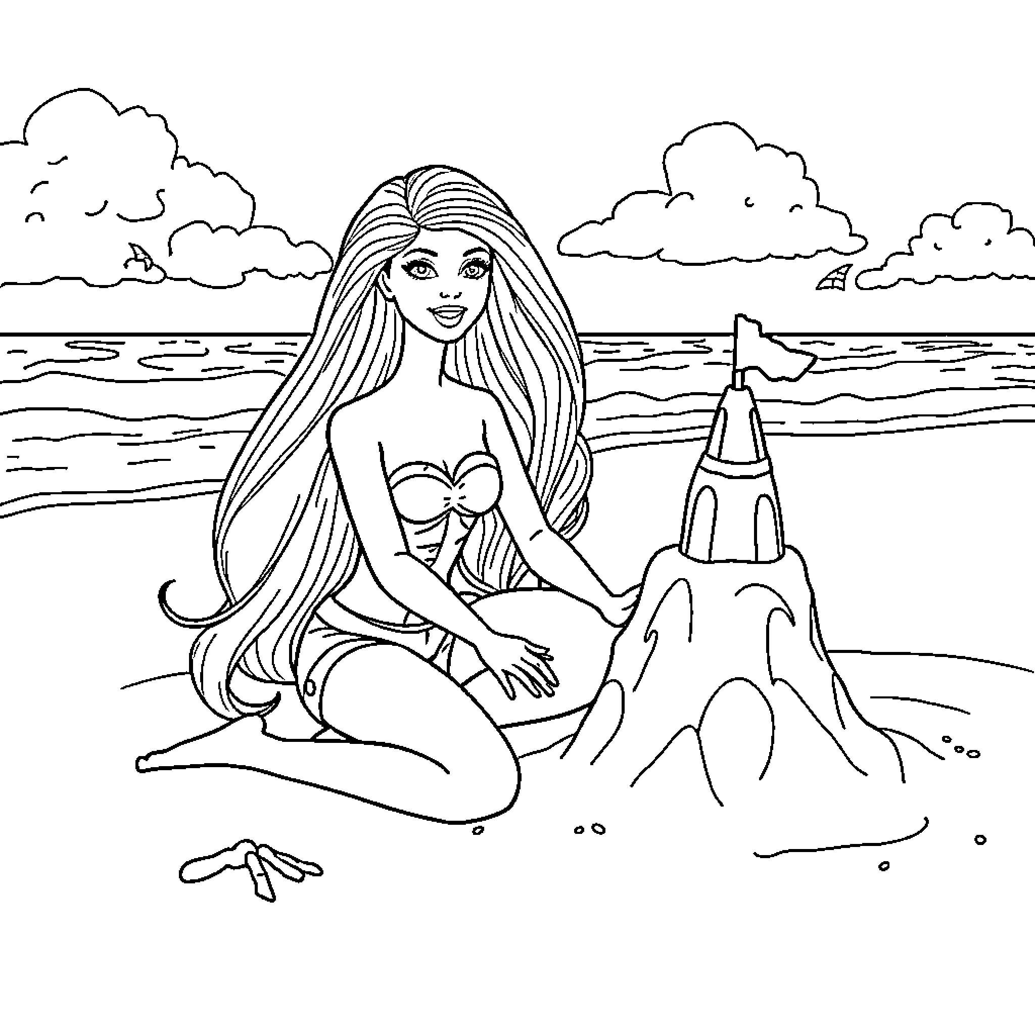 Barbie enjoying a day at the beach Coloring Page (free black-and-white line drawing printable PDF for all, from beginners to advanced learners, including children, teens, adults, and seniors)