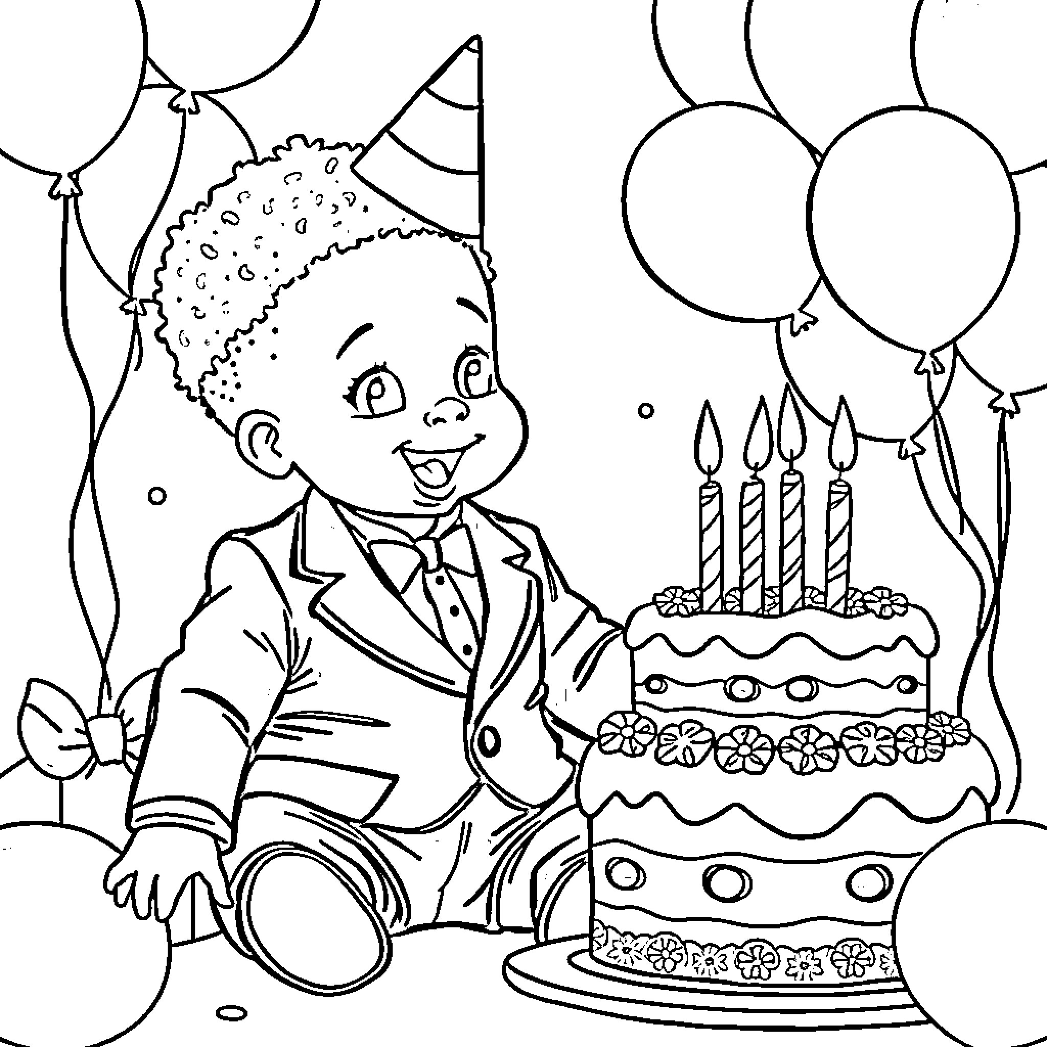 Boss Baby celebrating birthday with cake and balloons Coloring Page (free black-and-white line drawing printable PDF for all, from beginners to advanced learners, including children, teens, adults, and seniors)