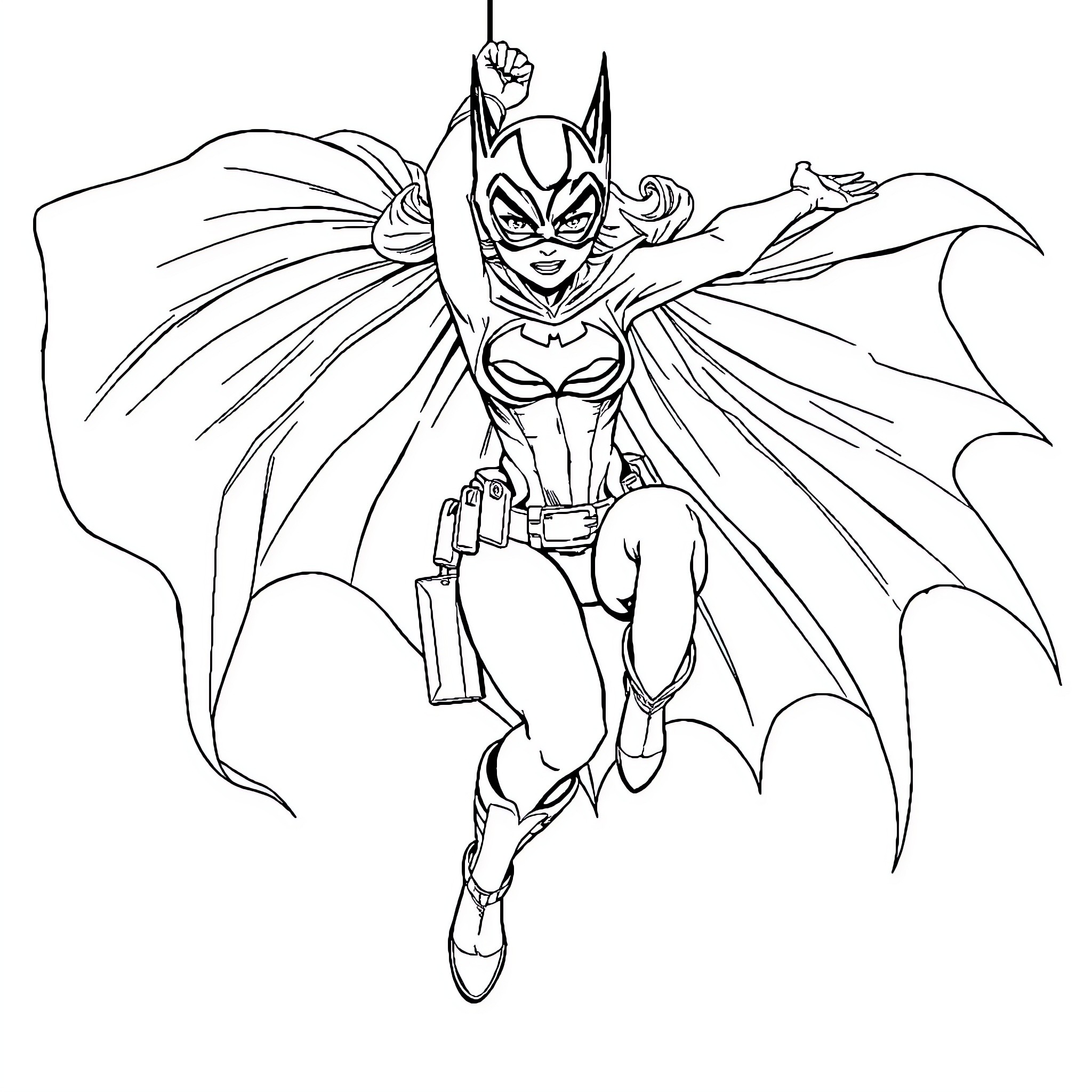 Batgirl in heroic action pose Coloring Page (free black-and-white line drawing printable PDF for all, from beginners to advanced learners, including children, teens, adults, and seniors)