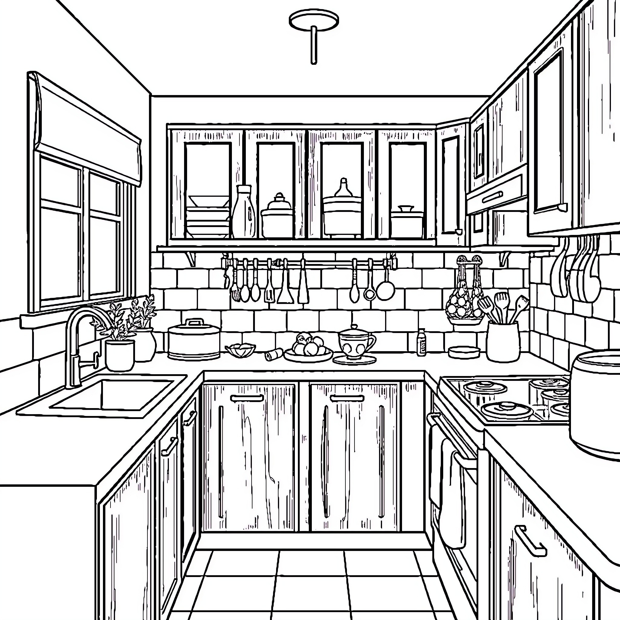 Kitchen with Cooking Utensils and Appliances Coloring Page (free black-and-white line drawing printable PDF for all, from beginners to advanced learners, including children, teens, adults, and seniors)