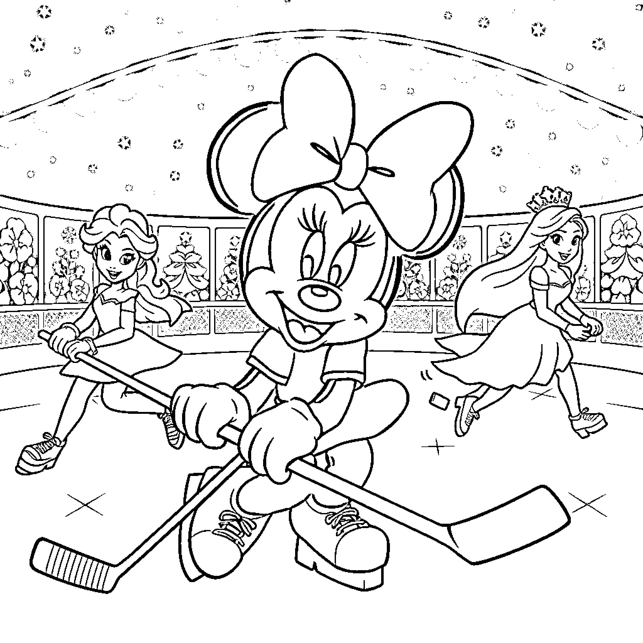 Minnie Mouse playing hockey with friends Coloring Page (free black-and-white line drawing printable PDF for all, from beginners to advanced learners, including children, teens, adults, and seniors)