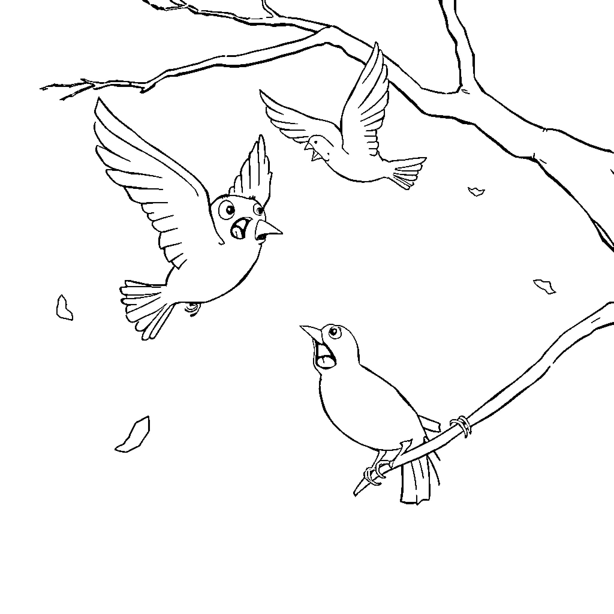 Birds in flight through the branches Coloring Page (free black-and-white line drawing printable PDF for all, from beginners to advanced learners, including children, teens, adults, and seniors)