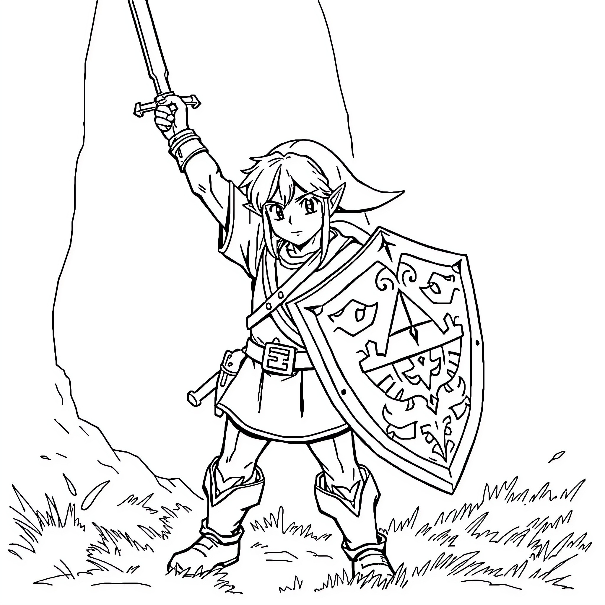 Link Adventuring with Sword and Shield Coloring Page (free black-and-white line drawing printable PDF for all, from beginners to advanced learners, including children, teens, adults, and seniors)