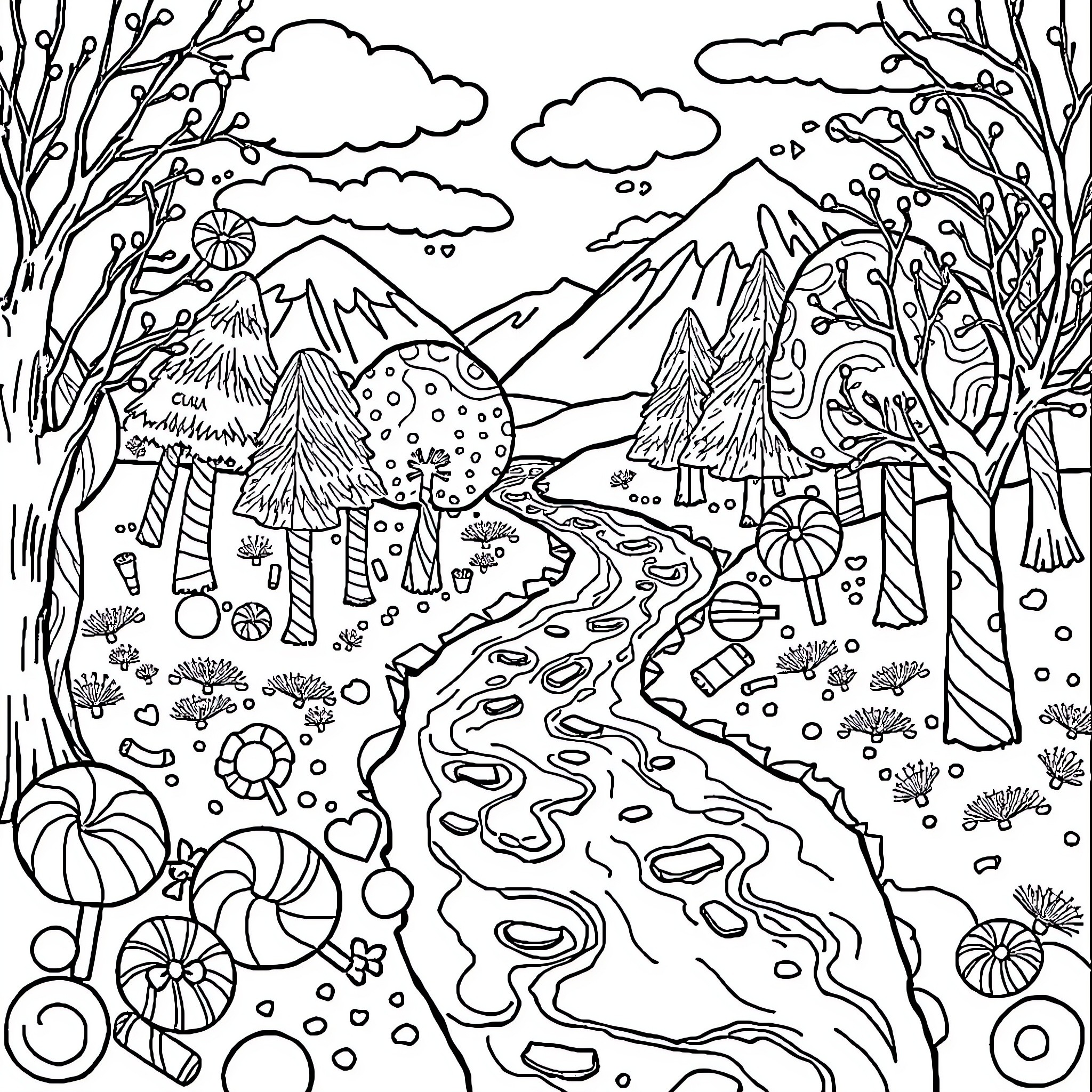 Water Cycle Illustrated in Nature's Landscape Coloring Page (free black-and-white line drawing printable PDF for all, from beginners to advanced learners, including children, teens, adults, and seniors)