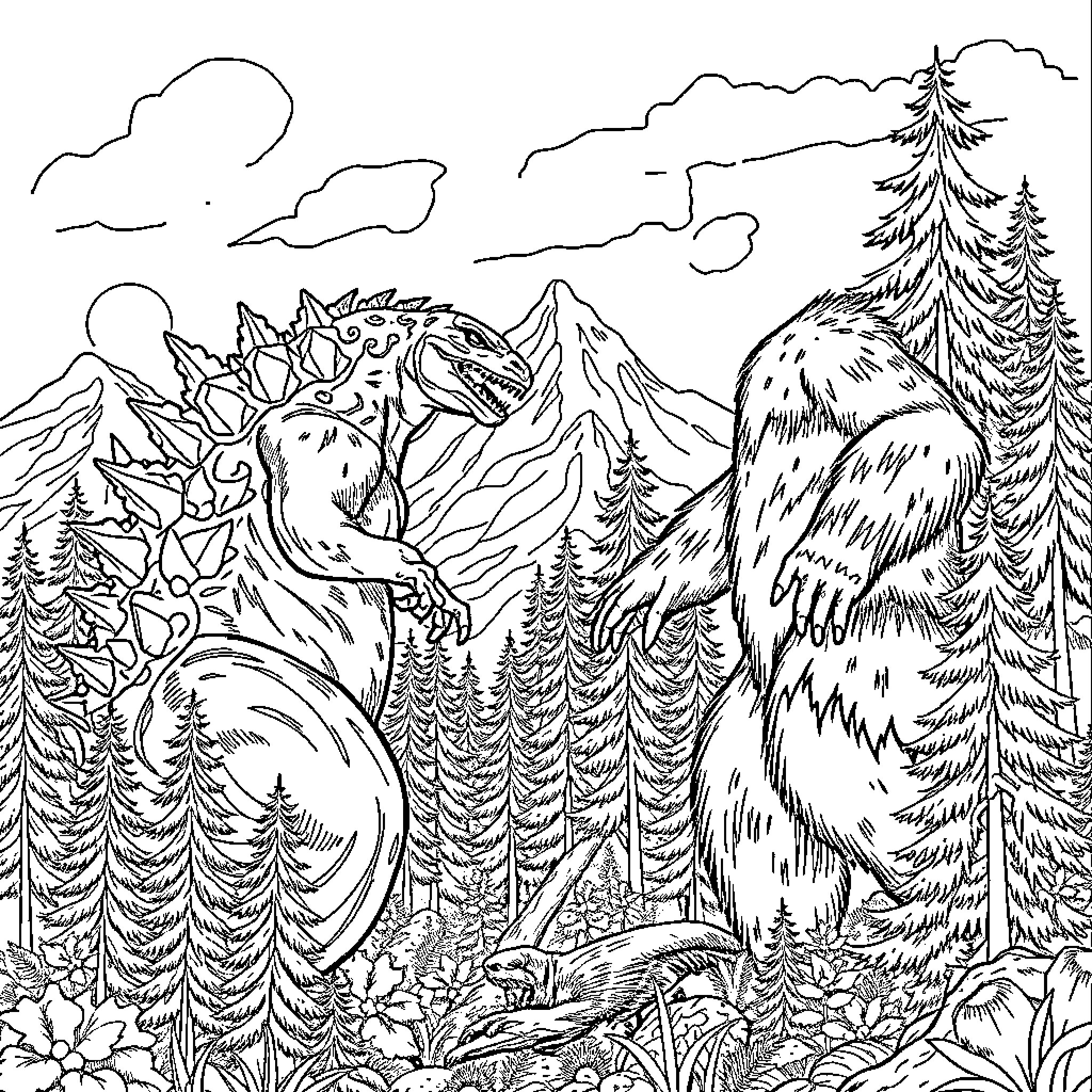 Godzilla in the Wilderness Landscape Coloring Page (free black-and-white line drawing printable PDF for all, from beginners to advanced learners, including children, teens, adults, and seniors)