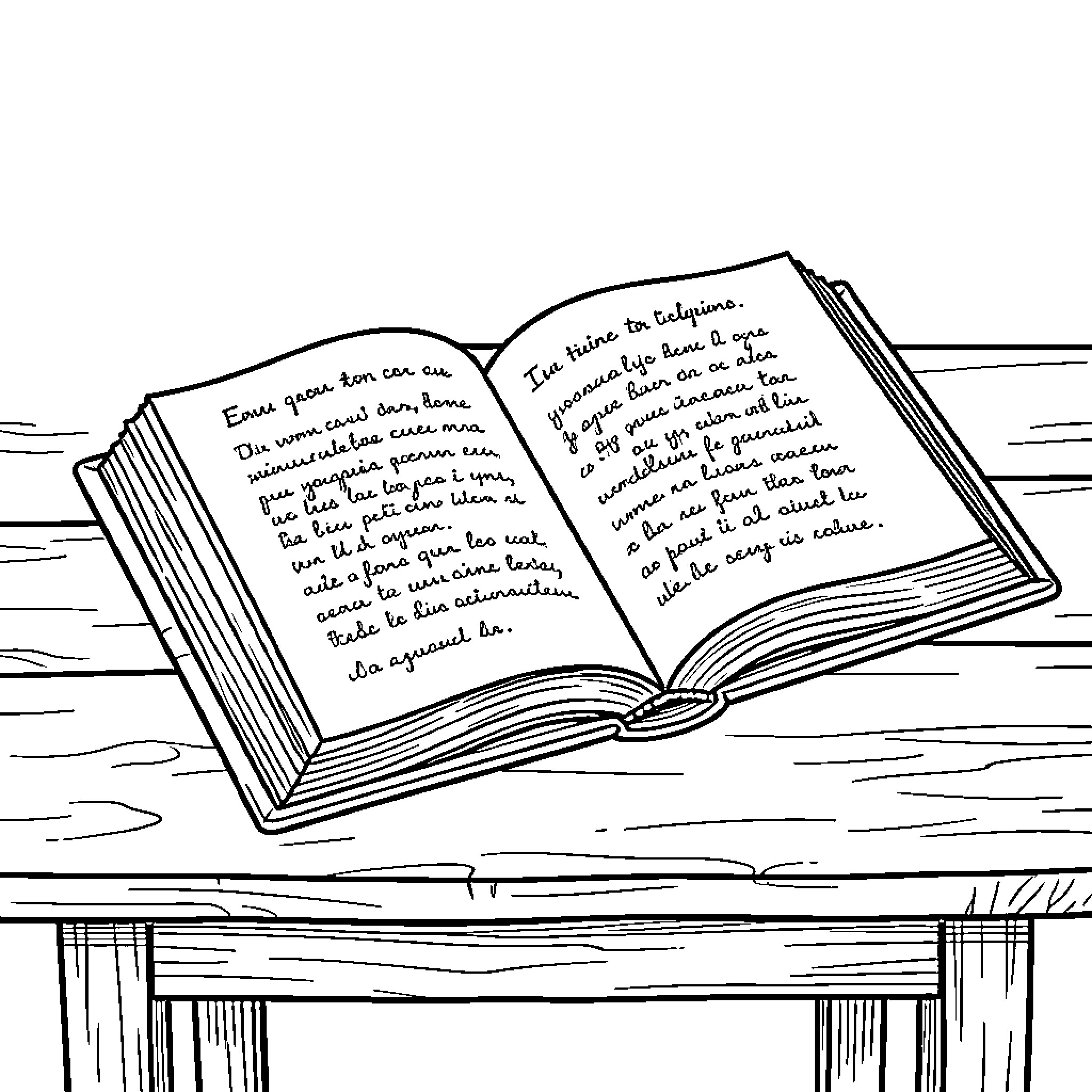 Book lying open on a wooden table Coloring Page (free black-and-white line drawing printable PDF for all, from beginners to advanced learners, including children, teens, adults, and seniors)