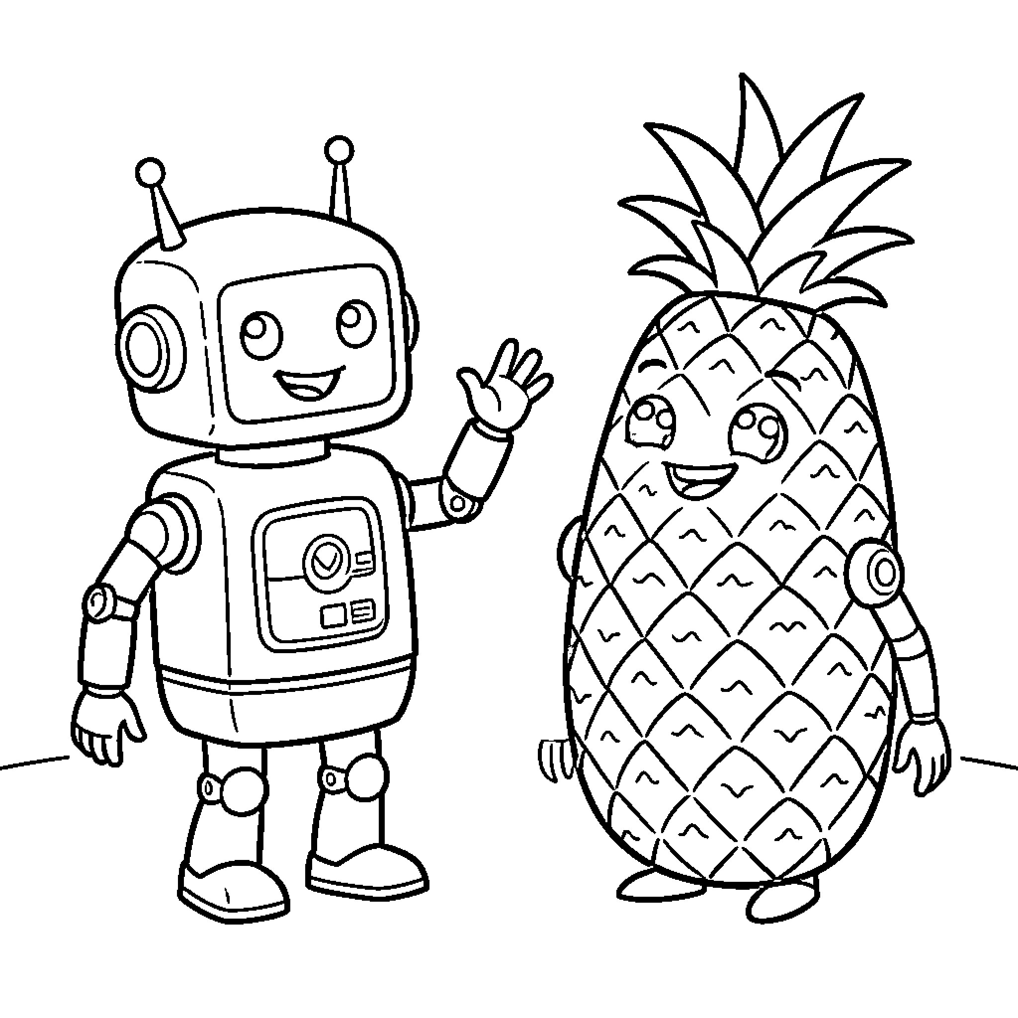 Fruit Robot and Pineapple Friends in Playful Interaction Coloring Page (free black-and-white line drawing printable PDF for all, from beginners to advanced learners, including children, teens, adults, and seniors)