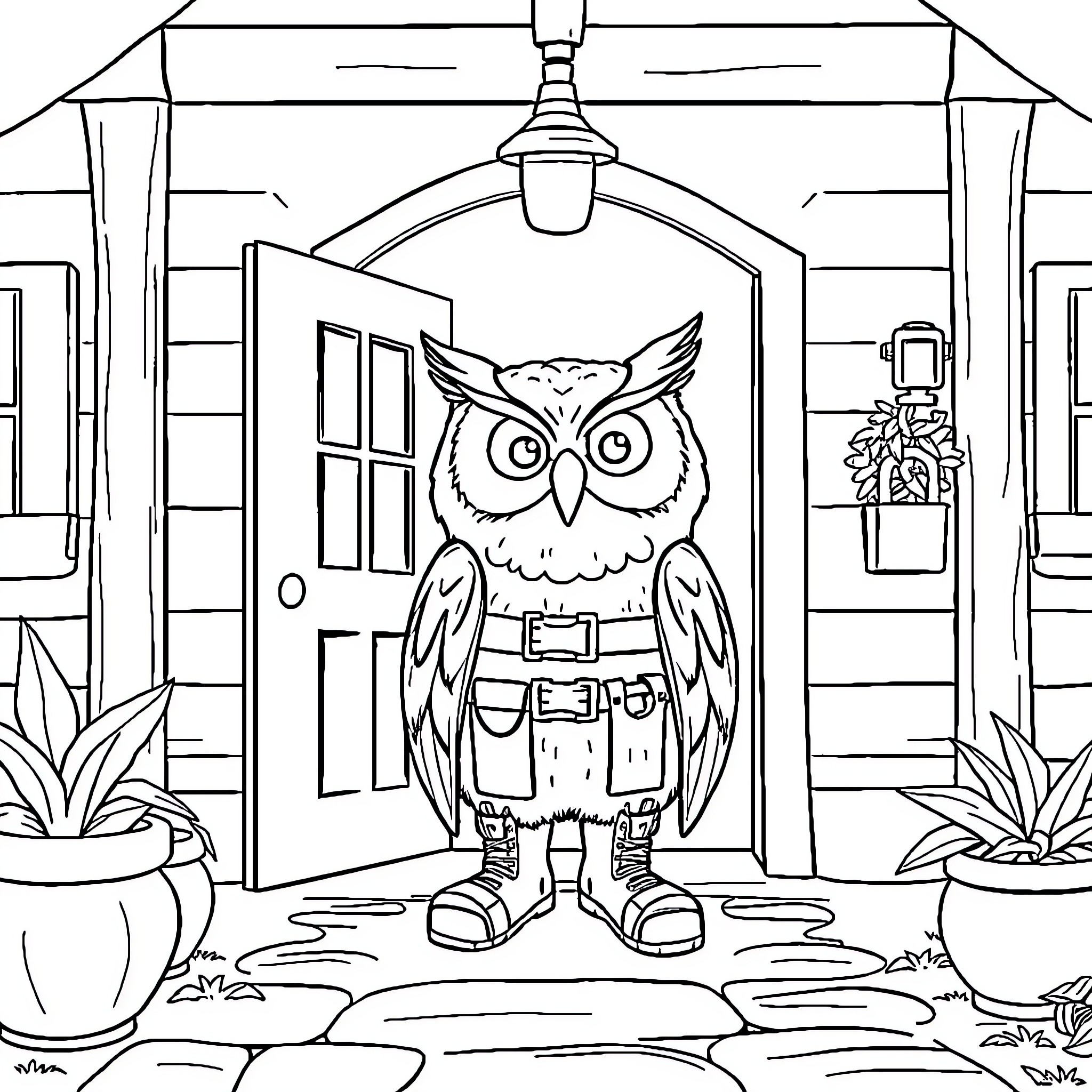 Owl standing guard at a cozy cabin entrance Coloring Page (free black-and-white line drawing printable PDF for all, from beginners to advanced learners, including children, teens, adults, and seniors)