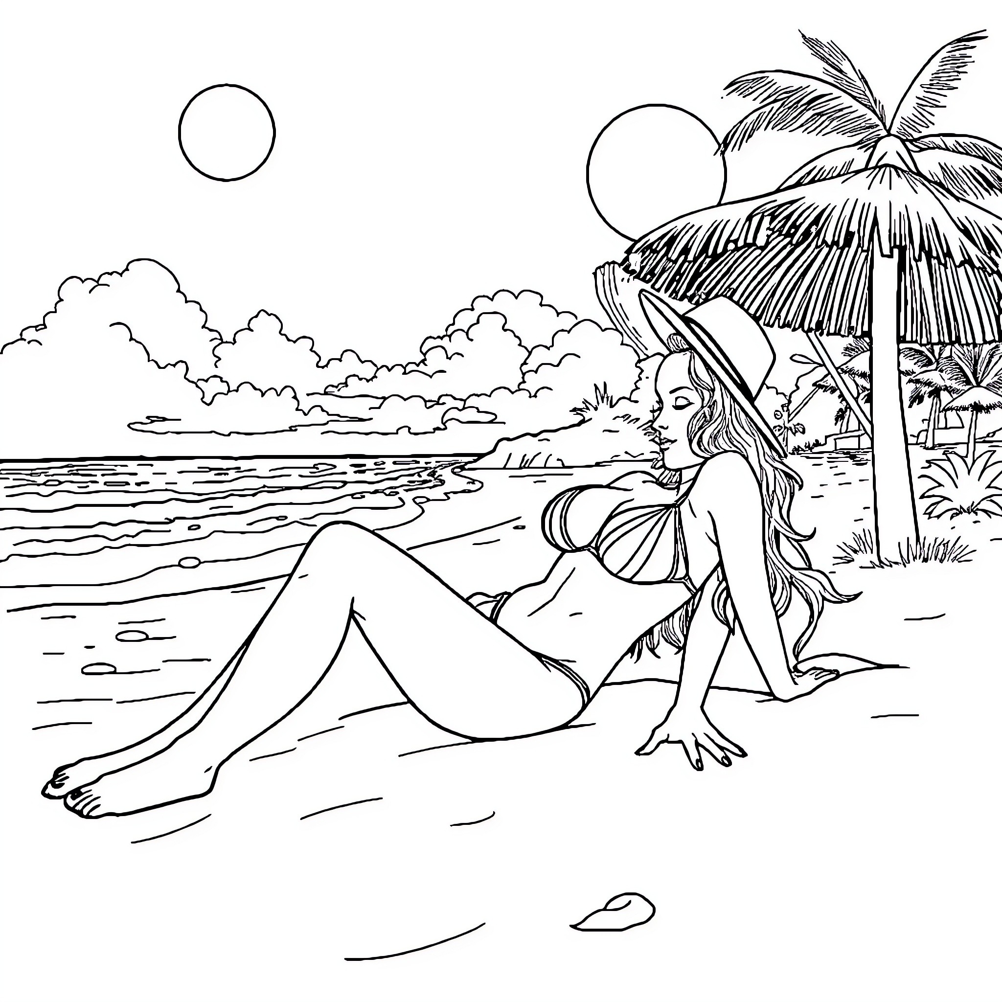 Mom relaxing on the tropical beach Coloring Page (free black-and-white line drawing printable PDF for all, from beginners to advanced learners, including children, teens, adults, and seniors)