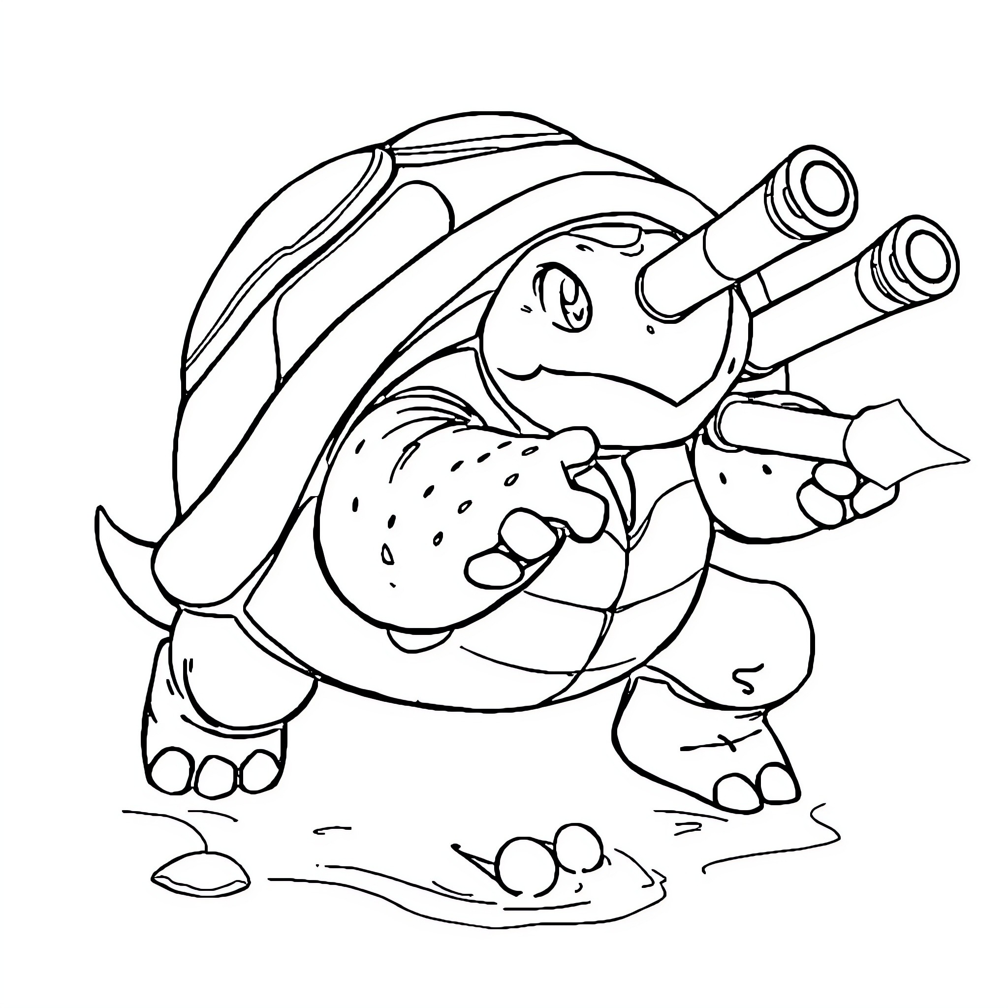 Blastoise firing powerful water cannons Coloring Page (free black-and-white line drawing printable PDF for all, from beginners to advanced learners, including children, teens, adults, and seniors)
