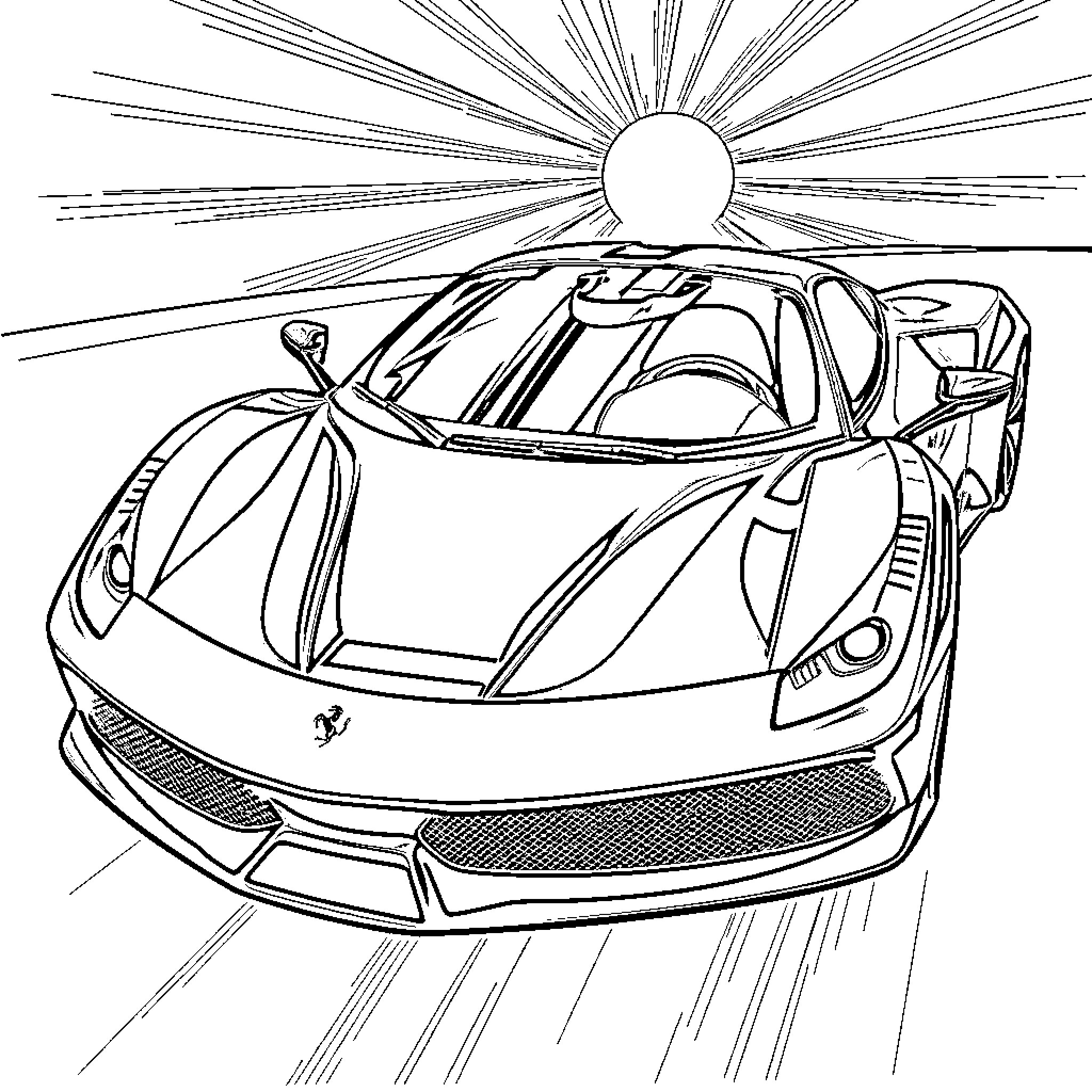 Ferrari sports car speeding in the sunlight Coloring Page (free black-and-white line drawing printable PDF for all, from beginners to advanced learners, including children, teens, adults, and seniors)