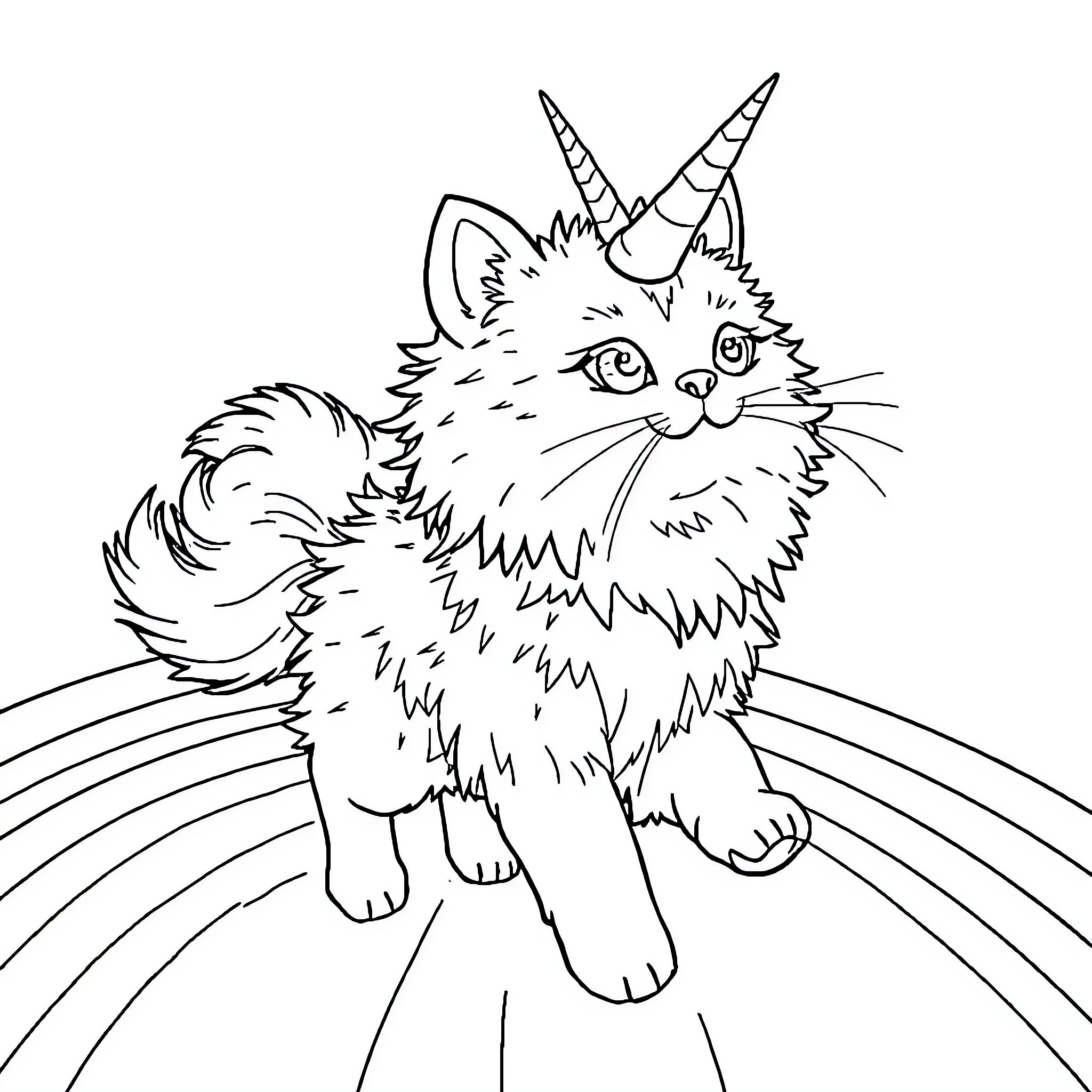 Unicorn Cat exploring a magical rainbow Coloring Page (free black-and-white line drawing printable PDF for all, from beginners to advanced learners, including children, teens, adults, and seniors)