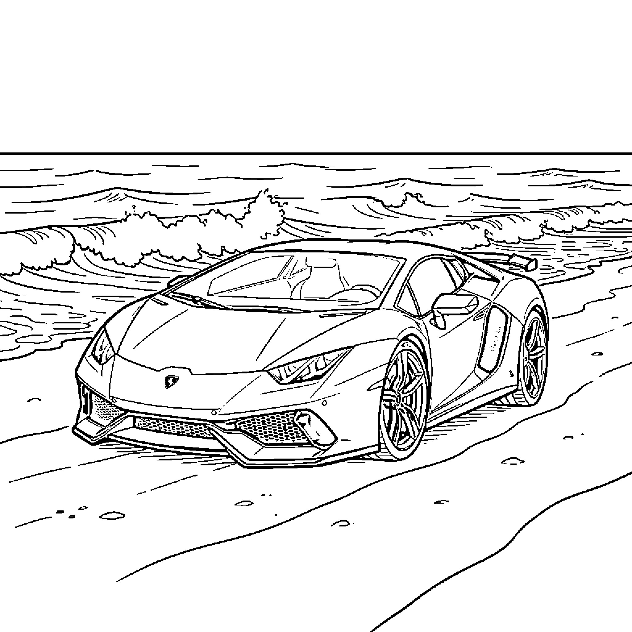 Lamborghini parked on a sandy beach near waves Coloring Page (free black-and-white line drawing printable PDF for all, from beginners to advanced learners, including children, teens, adults, and seniors)