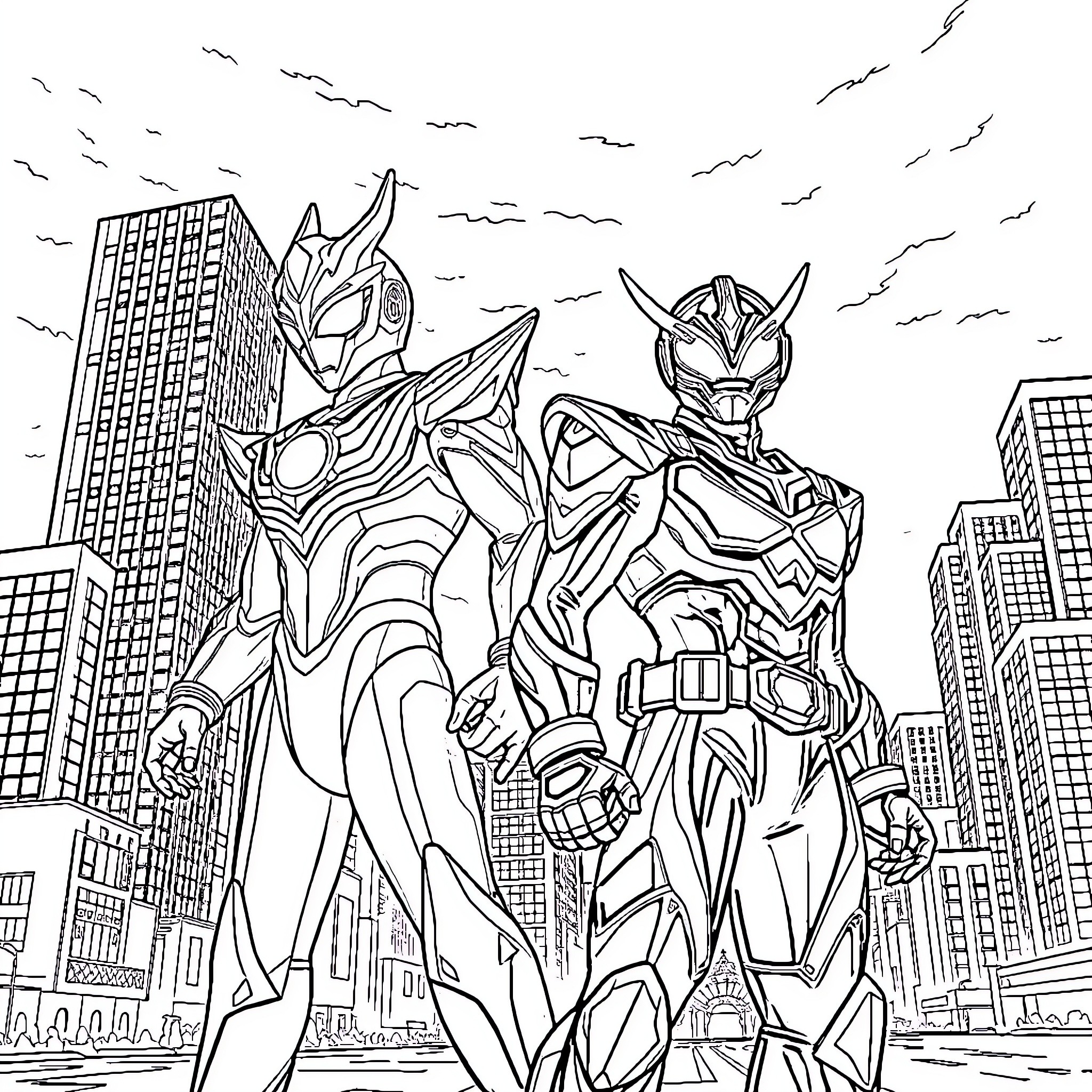 Ultraman heroes standing tall in the city Coloring Page (free black-and-white line drawing printable PDF for all, from beginners to advanced learners, including children, teens, adults, and seniors)