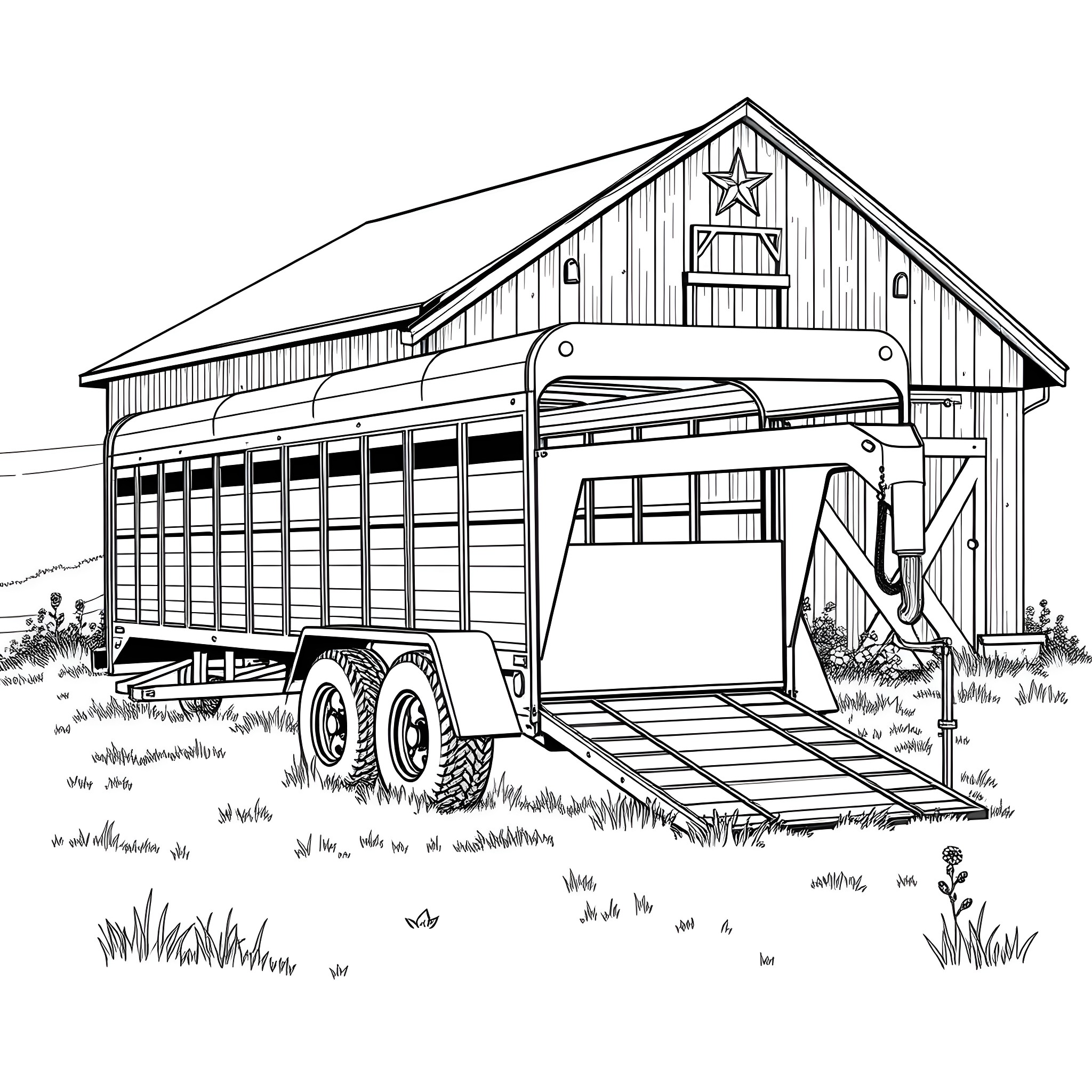 Gooseneck Trailer Parked in Front of Rustic Barn Coloring Page (free black-and-white line drawing printable PDF for all, from beginners to advanced learners, including children, teens, adults, and seniors)