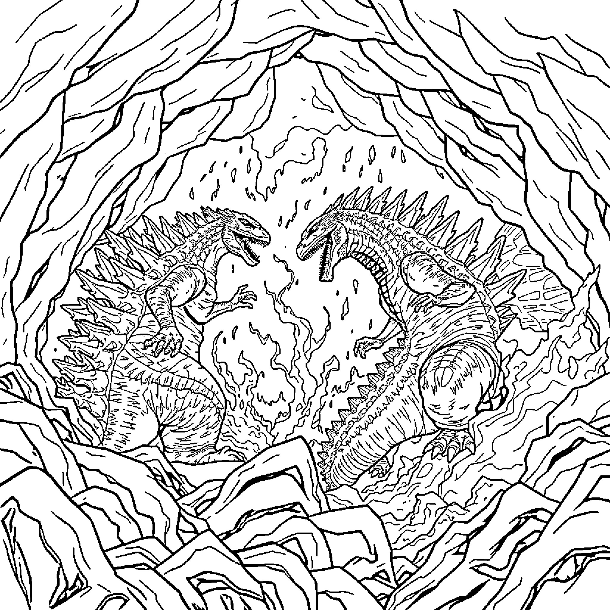 Godzilla Monsters Battle in Crumbling Environment Coloring Page (free black-and-white line drawing printable PDF for all, from beginners to advanced learners, including children, teens, adults, and seniors)