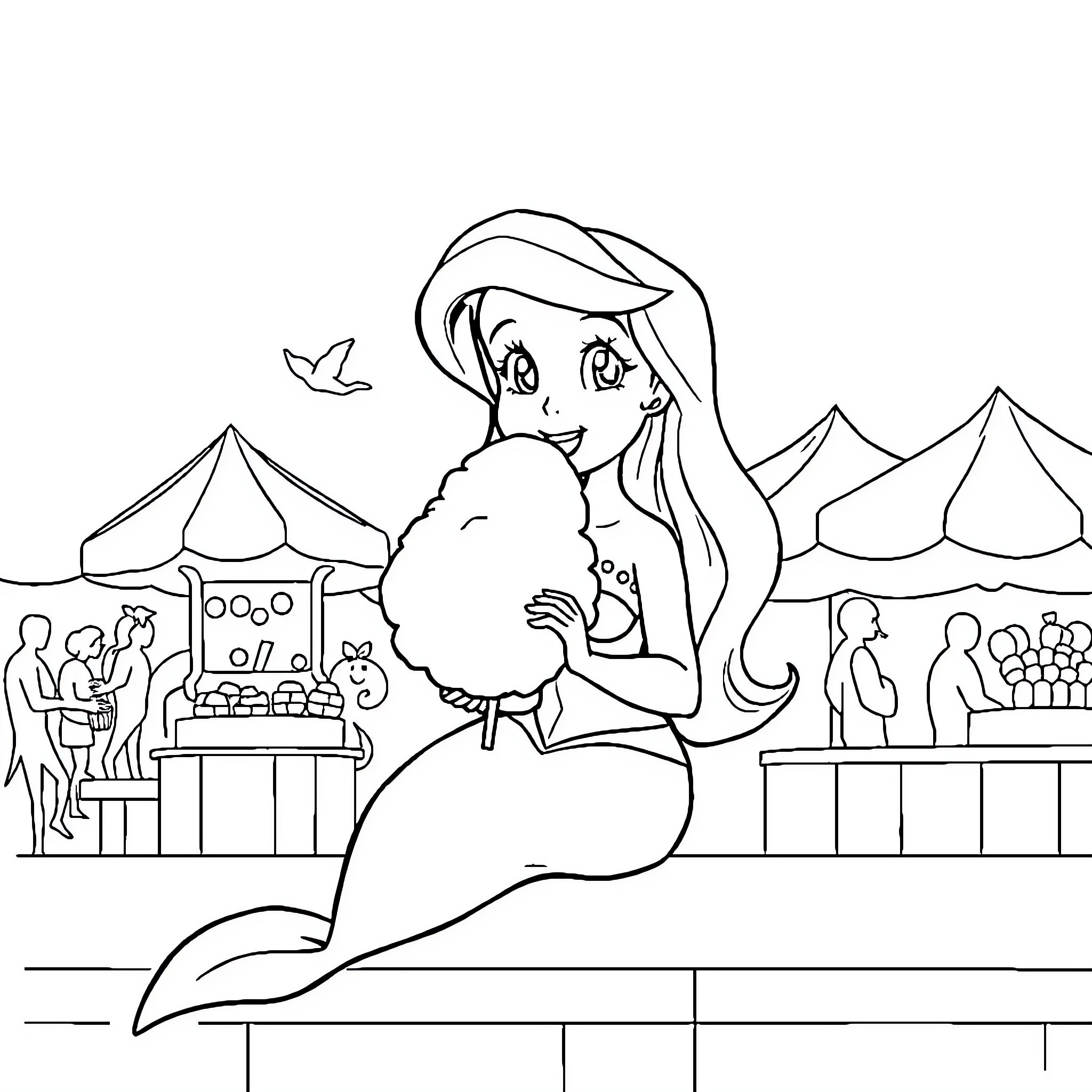 Ariel enjoying a carnival in the ocean Coloring Page (free black-and-white line drawing printable PDF for all, from beginners to advanced learners, including children, teens, adults, and seniors)