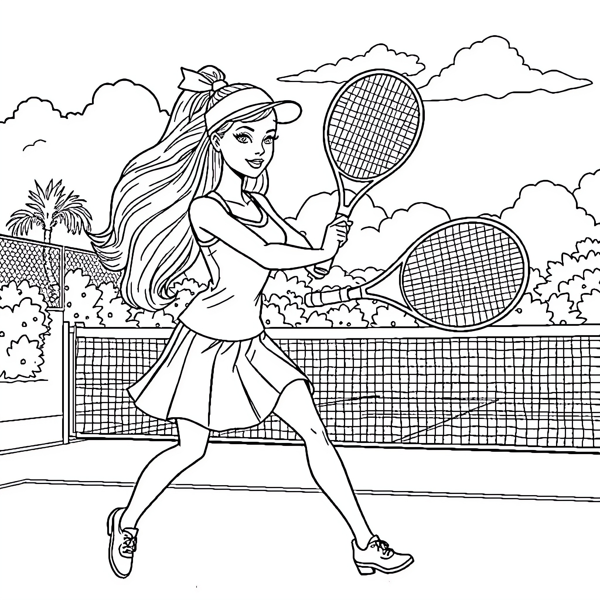 Barbie playing tennis on the court Coloring Page (free black-and-white line drawing printable PDF for all, from beginners to advanced learners, including children, teens, adults, and seniors)