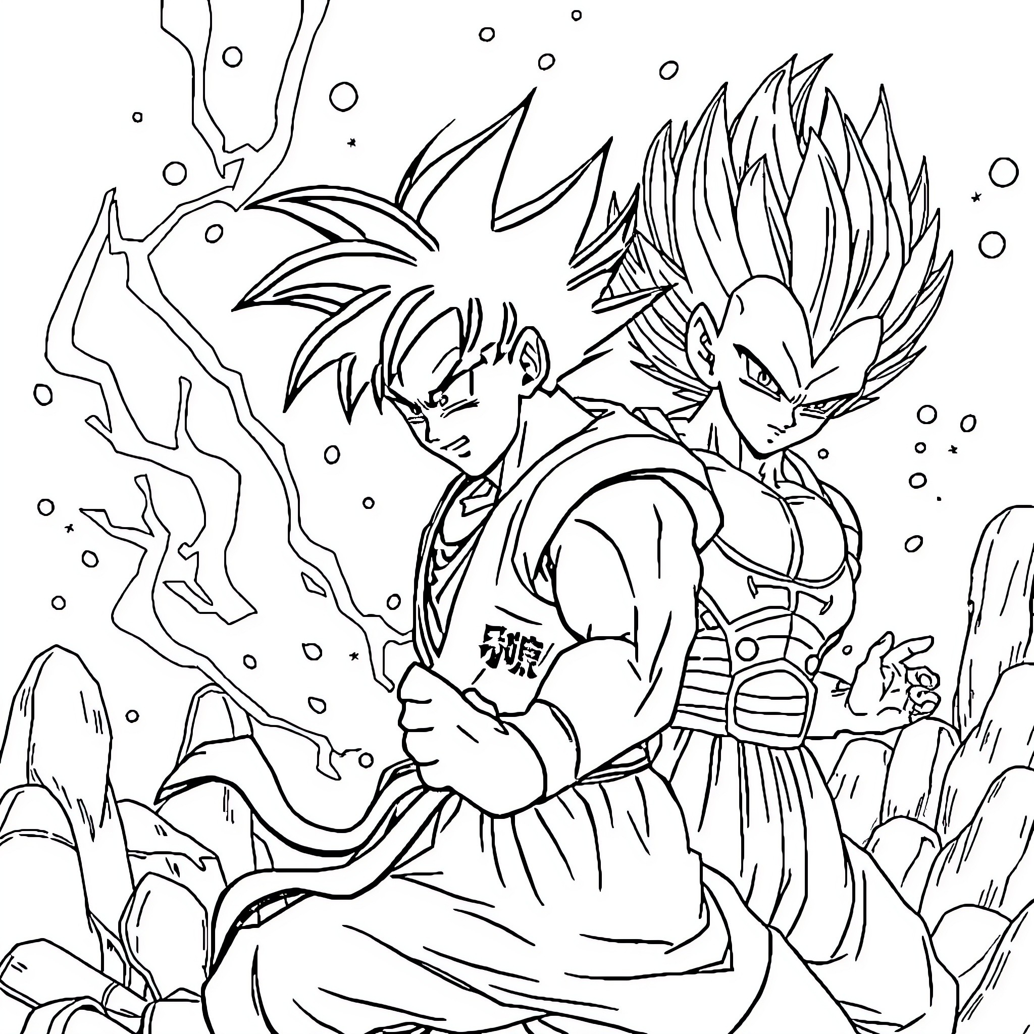 Dragon Ball AF: Goku and Vegeta in an epic battle Coloring Page (free black-and-white line drawing printable PDF for all, from beginners to advanced learners, including children, teens, adults, and seniors)