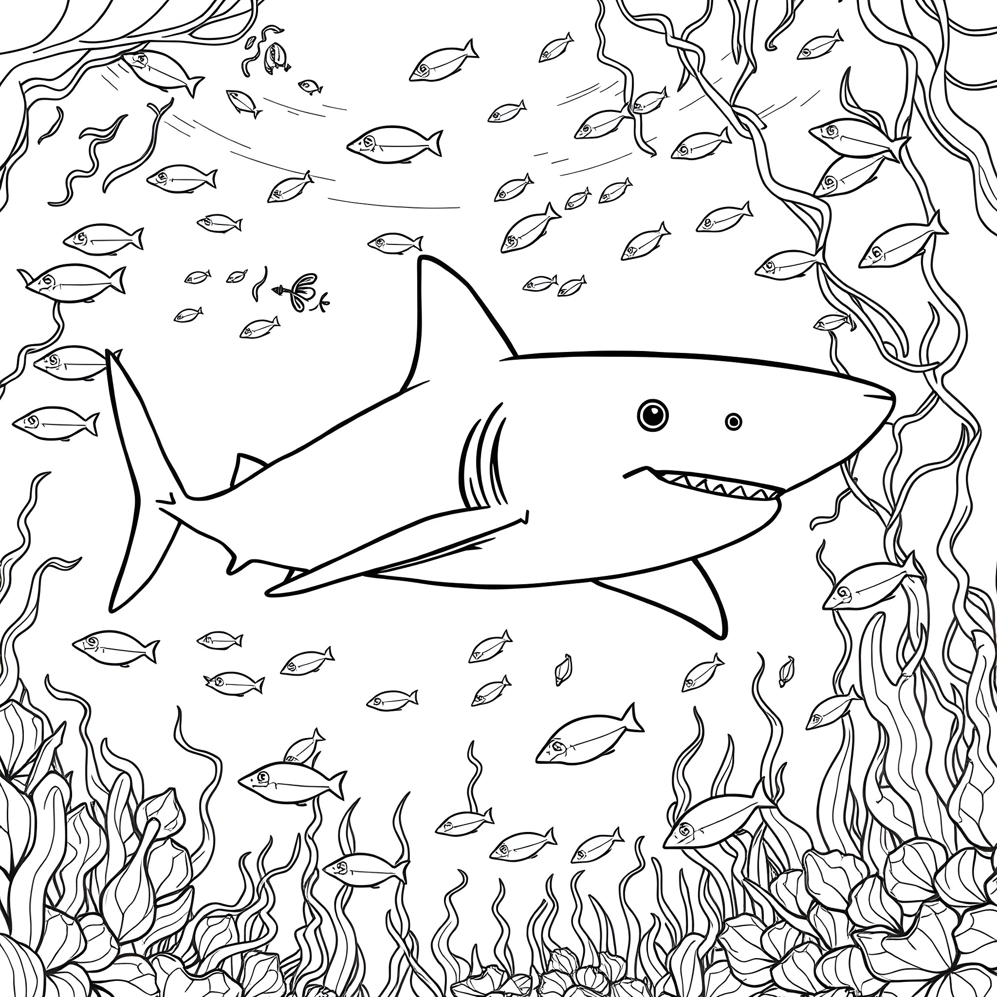 Shark exploring the underwater world Coloring Page (free black-and-white line drawing printable PDF for all, from beginners to advanced learners, including children, teens, adults, and seniors)