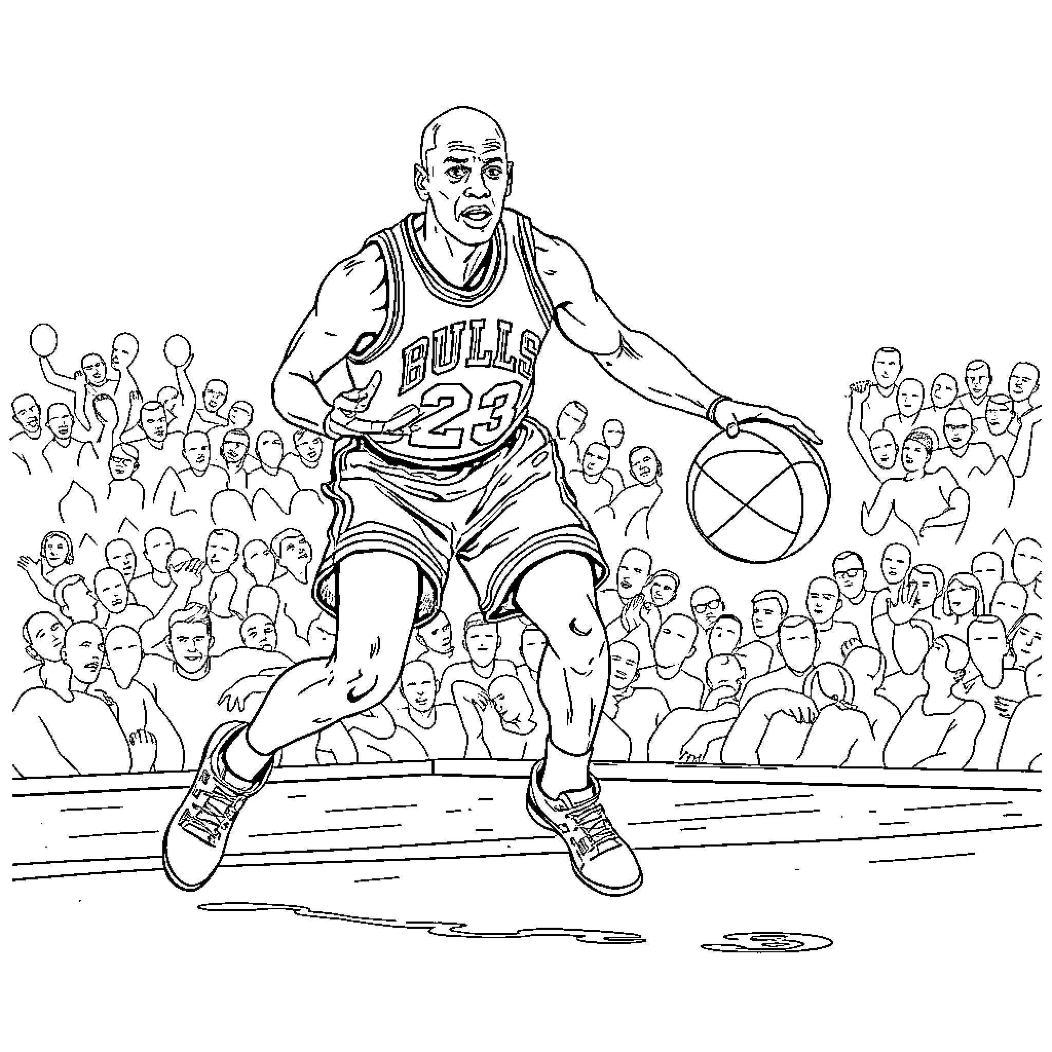 Michael Jordan Dunking with Spectators Cheering Coloring Page (free black-and-white line drawing printable PDF for all, from beginners to advanced learners, including children, teens, adults, and seniors)