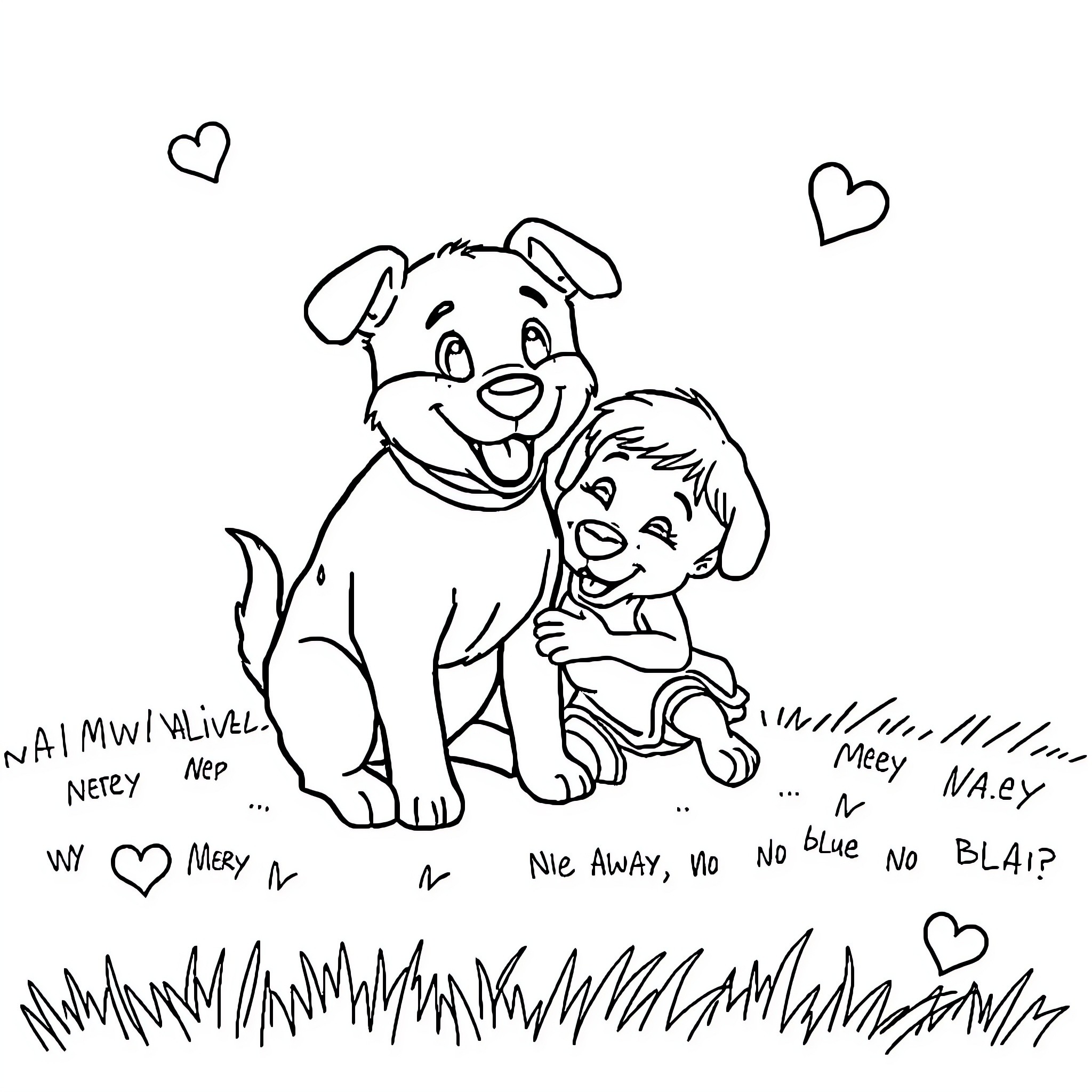 Stella's Playful Pups in the Grass Coloring Page (free black-and-white line drawing printable PDF for all, from beginners to advanced learners, including children, teens, adults, and seniors)