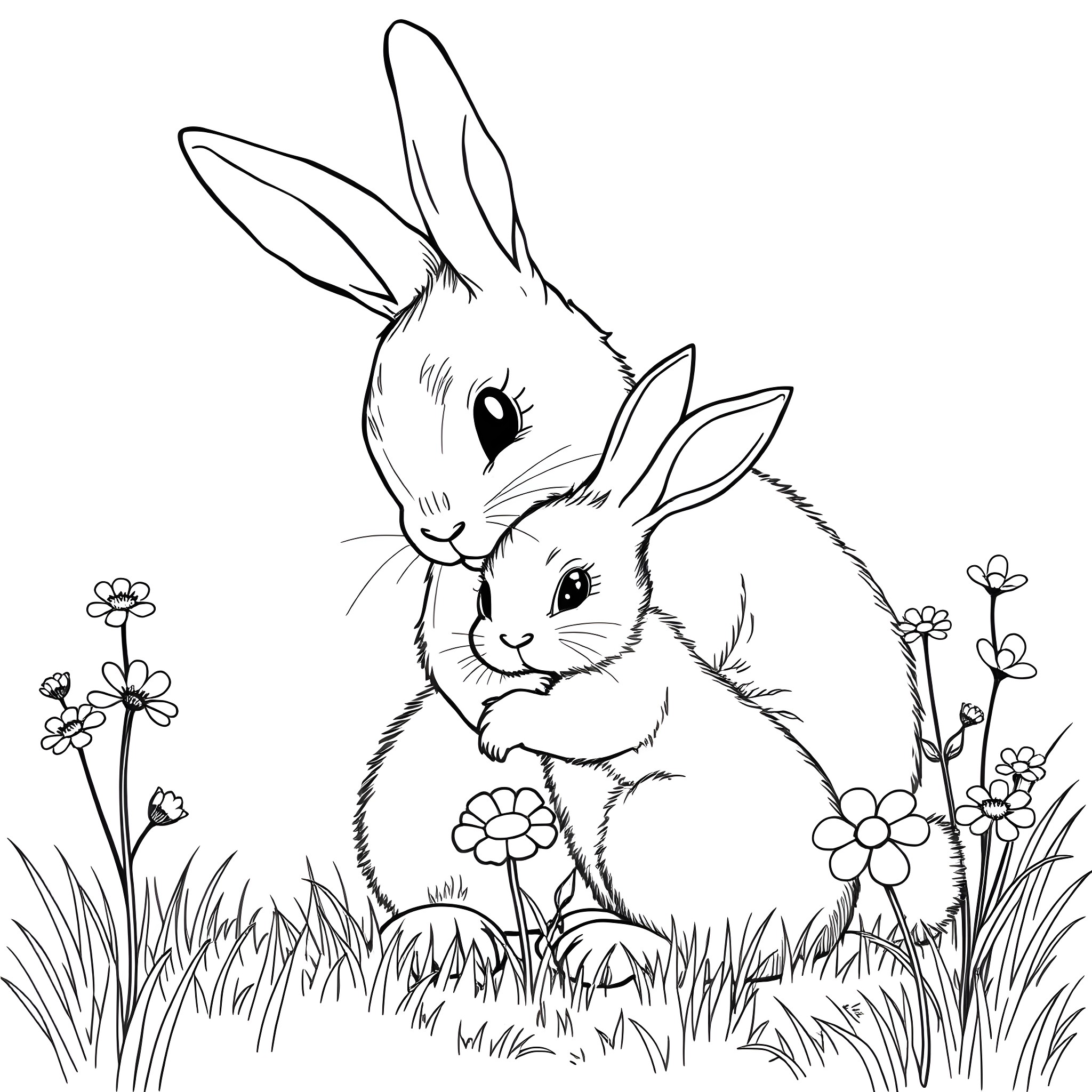 Rabbit Siblings Exploring Flowery Field Coloring Page (free black-and-white line drawing printable PDF for all, from beginners to advanced learners, including children, teens, adults, and seniors)