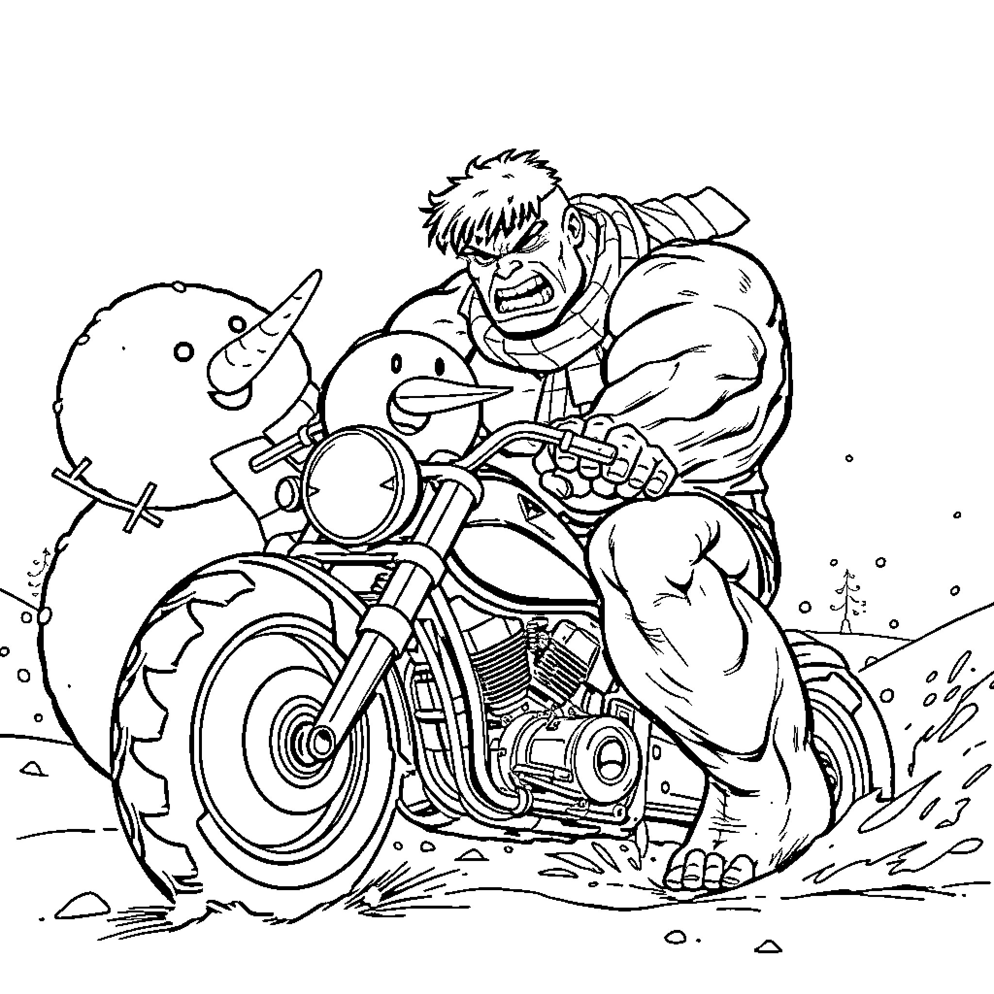 Hulk riding a powerful motorcycle in action Coloring Page (free black-and-white line drawing printable PDF for all, from beginners to advanced learners, including children, teens, adults, and seniors)