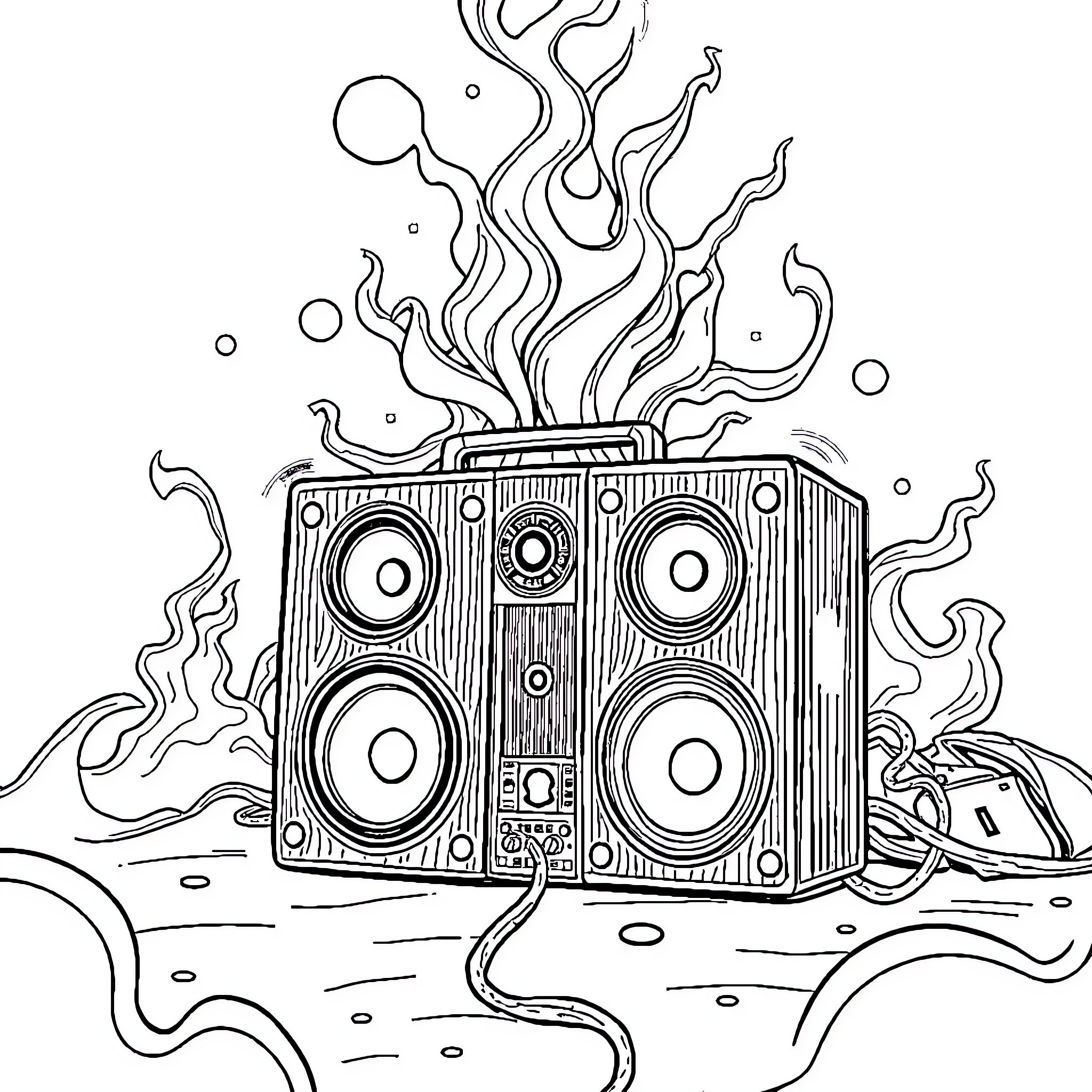 Minibeats: Powerful Sound System in Surreal Landscape Coloring Page (free black-and-white line drawing printable PDF for all, from beginners to advanced learners, including children, teens, adults, and seniors)
