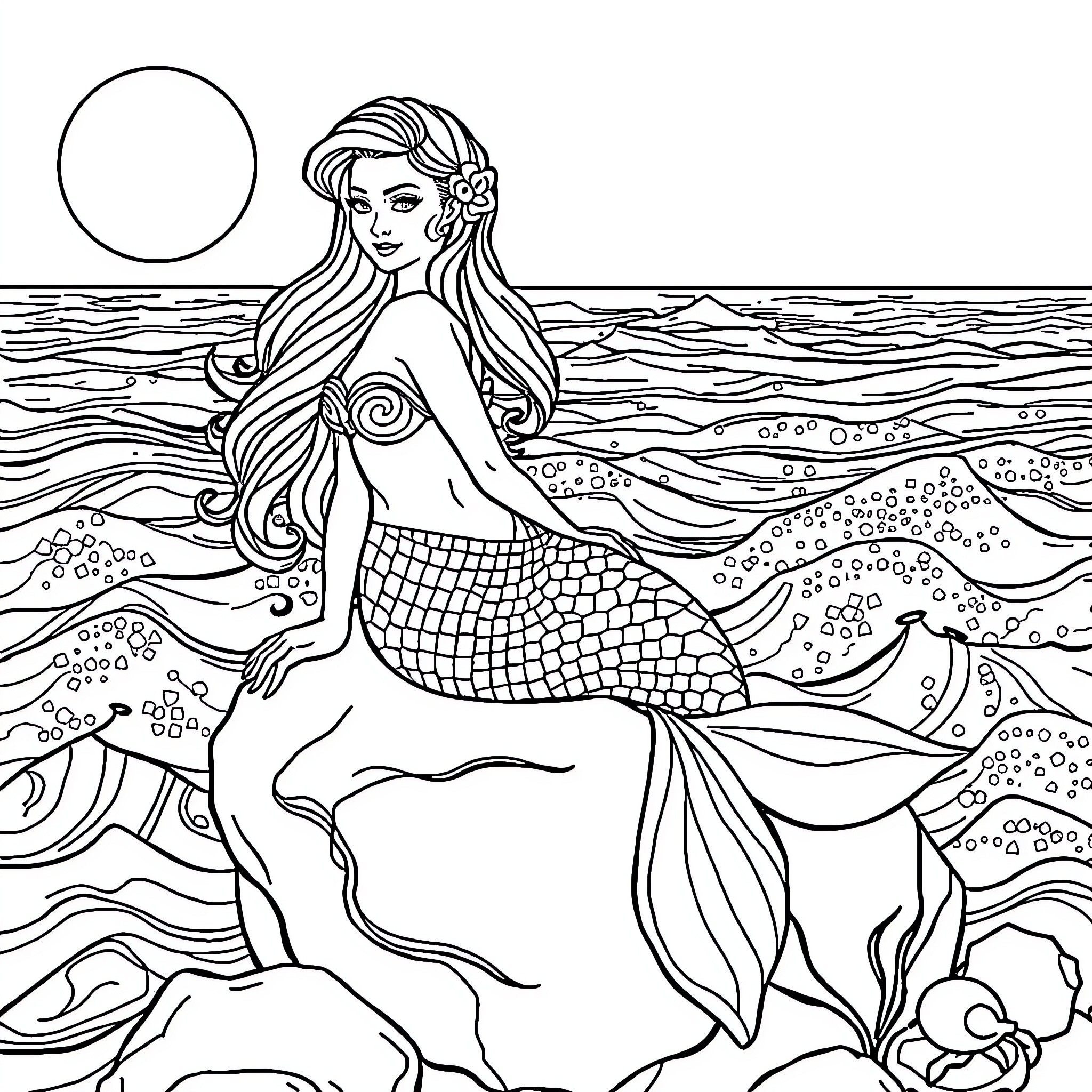 Mermaid swimming gracefully in the ocean Coloring Page (free black-and-white line drawing printable PDF for all, from beginners to advanced learners, including children, teens, adults, and seniors)