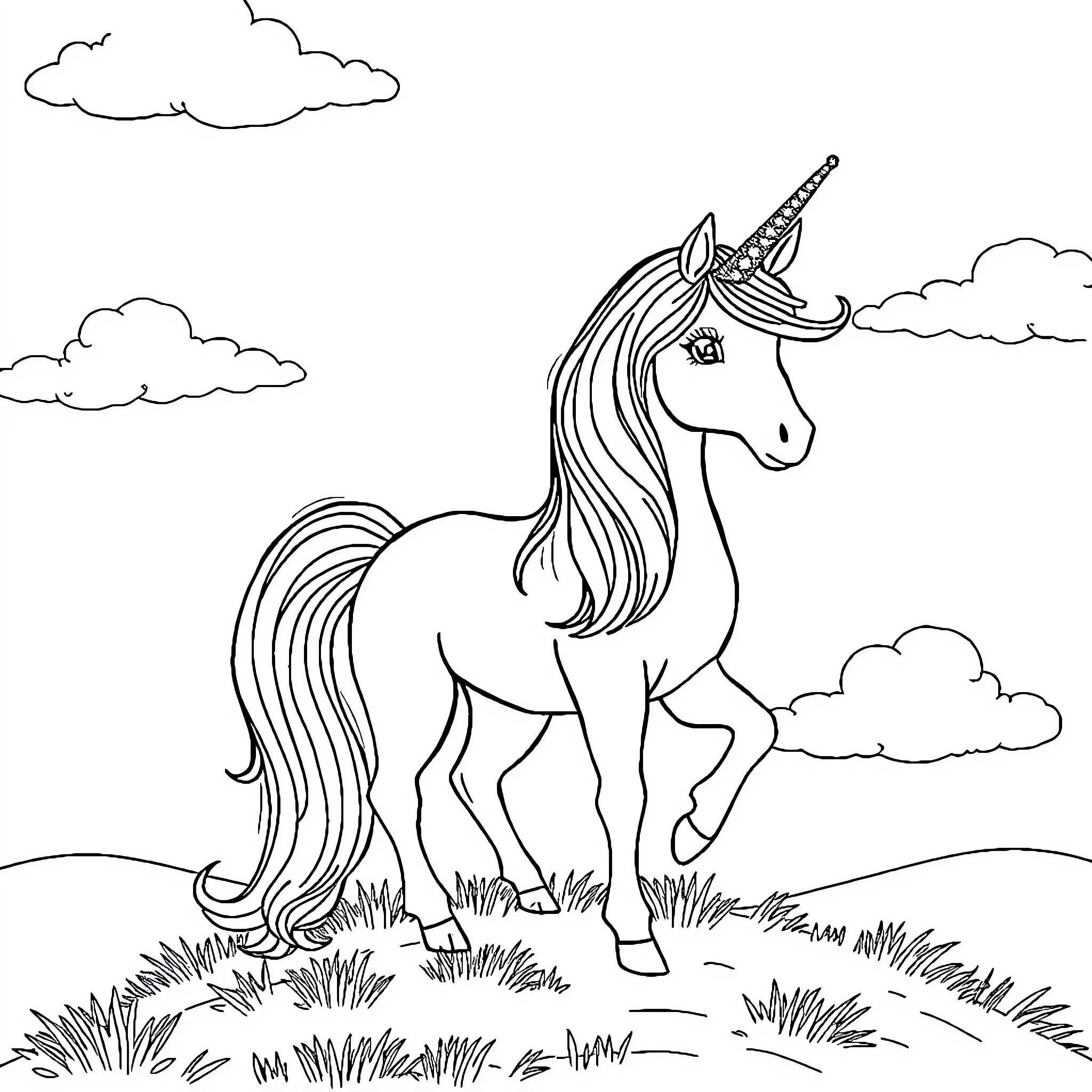 Unicorn standing majestically in a grassy field Coloring Page (free black-and-white line drawing printable PDF for all, from beginners to advanced learners, including children, teens, adults, and seniors)