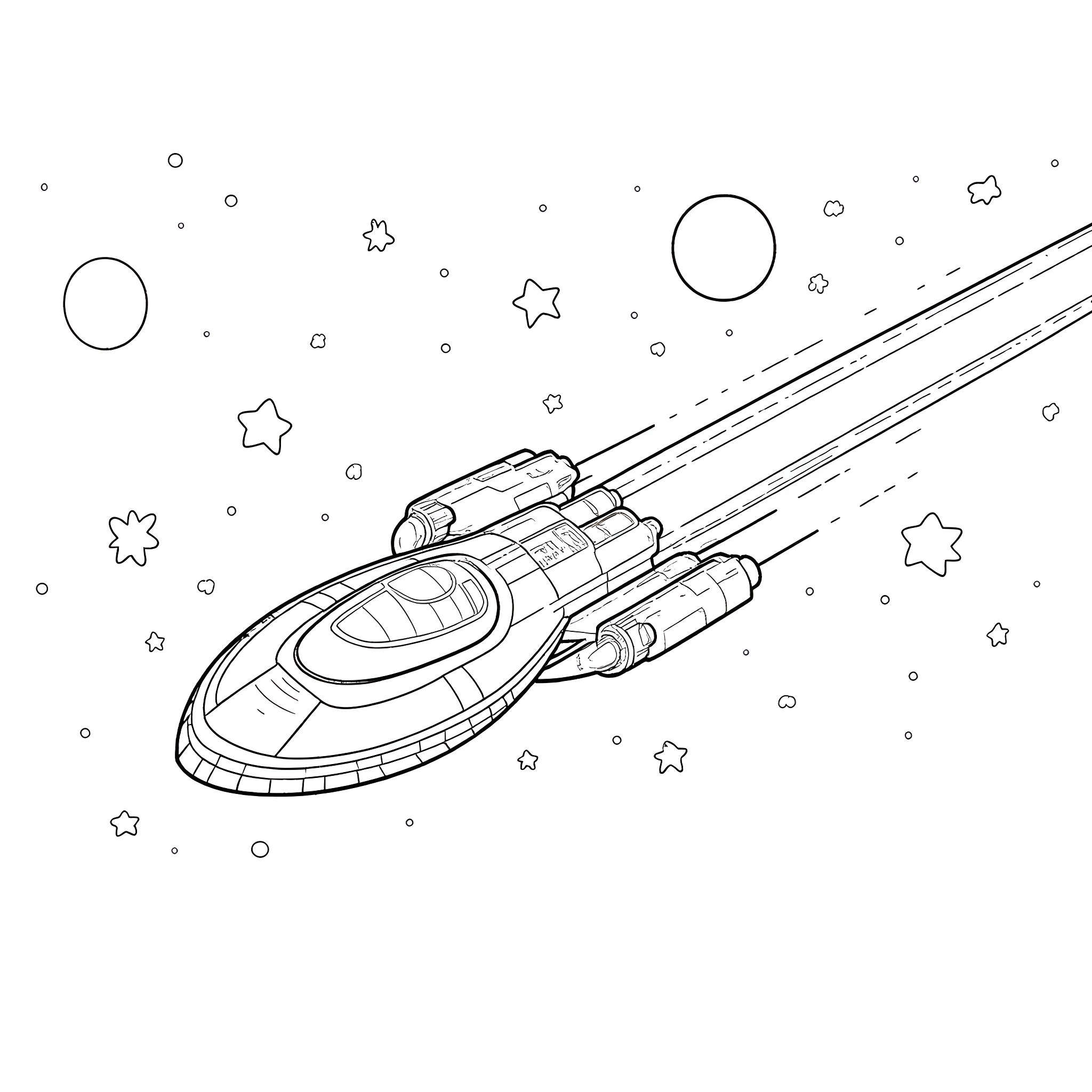 Spaceship speeding through the cosmic void Coloring Page (free black-and-white line drawing printable PDF for all, from beginners to advanced learners, including children, teens, adults, and seniors)