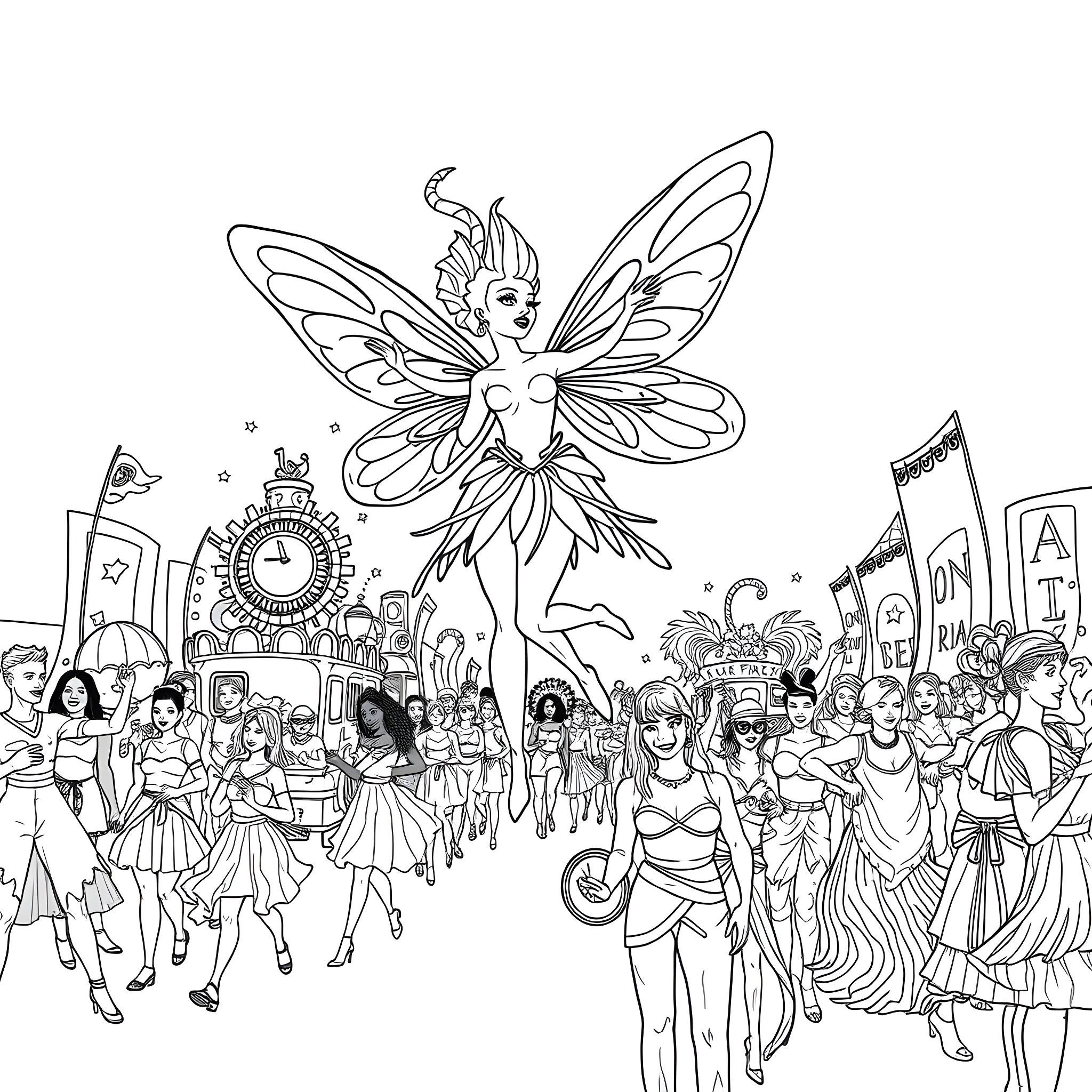 Fairy leads a grand parade of fantasy characters Coloring Page (free black-and-white line drawing printable PDF for all, from beginners to advanced learners, including children, teens, adults, and seniors)