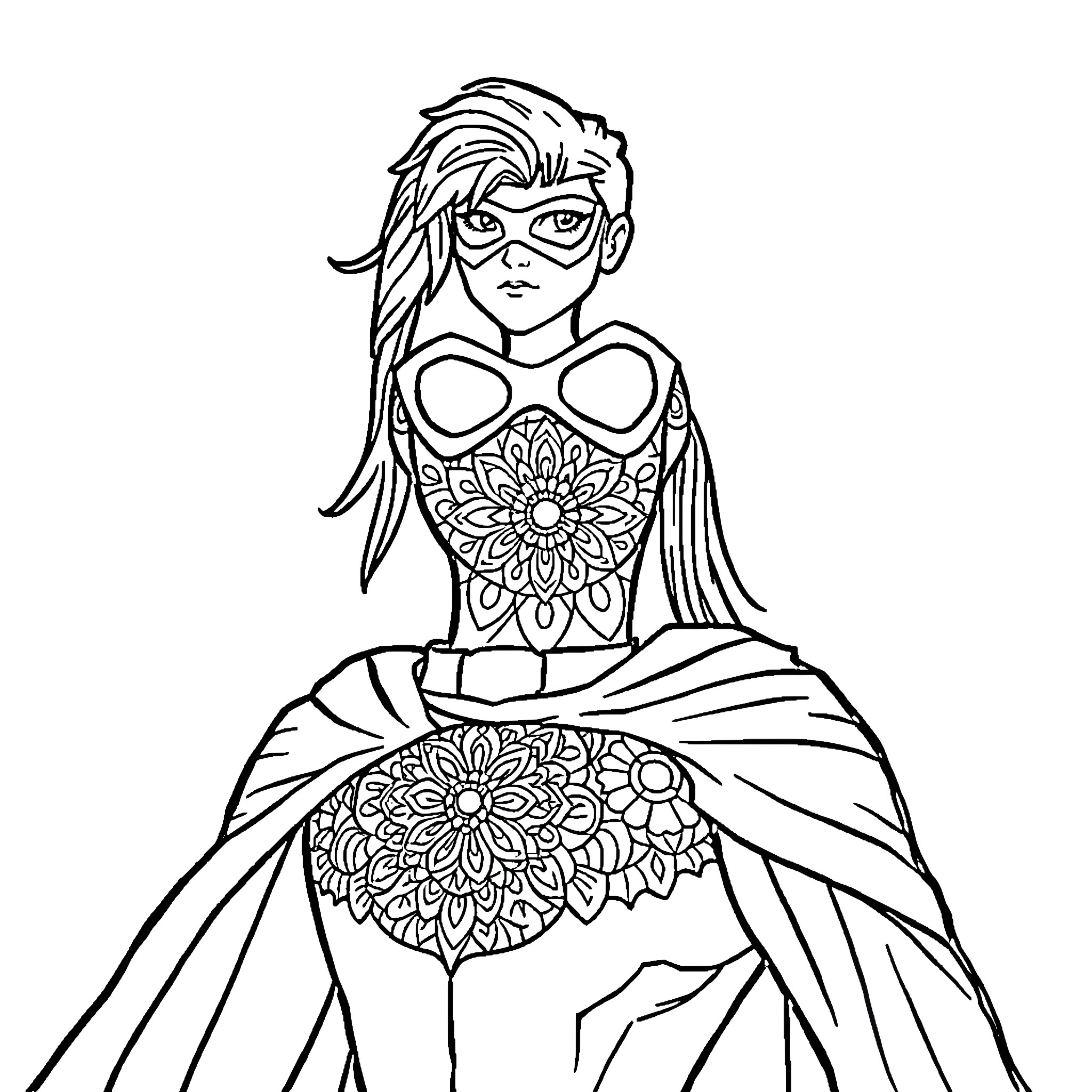 Mandala-inspired Mystical Maiden in Ornate Attire Coloring Page (free black-and-white line drawing printable PDF for all, from beginners to advanced learners, including children, teens, adults, and seniors)