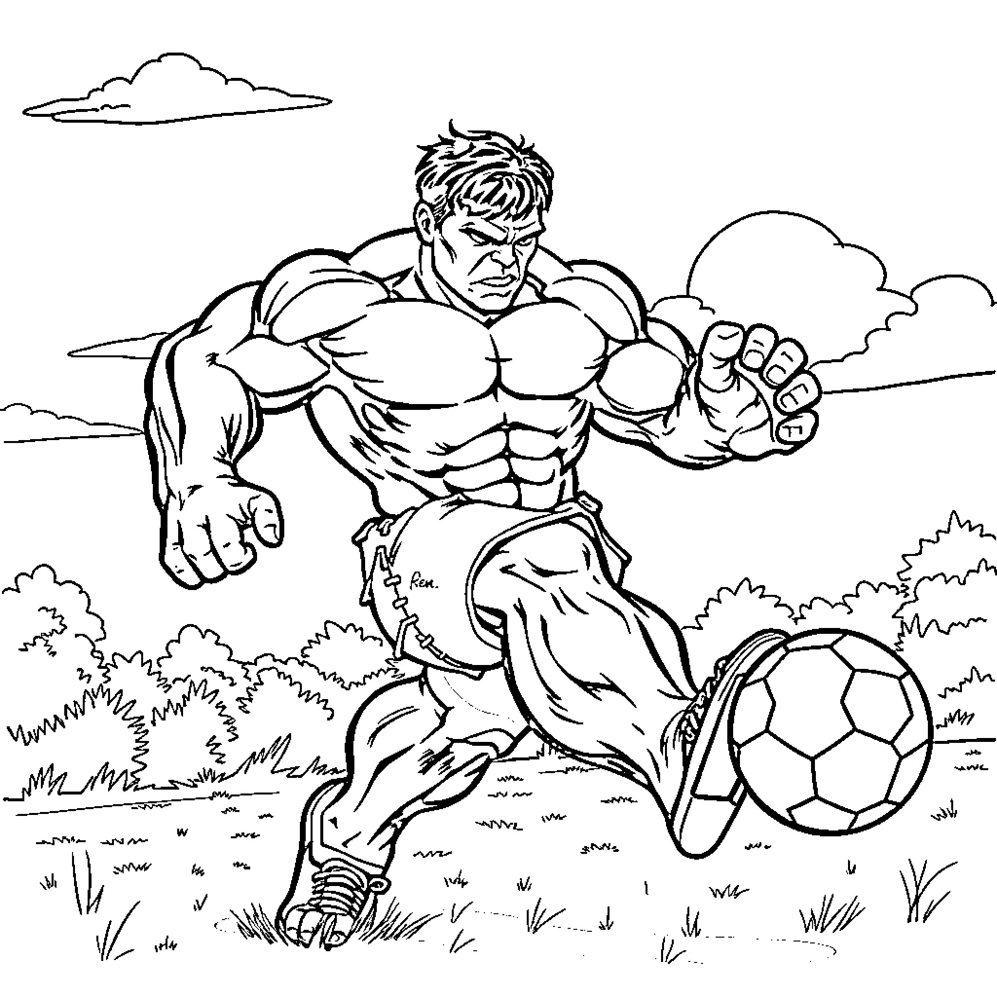 Hulk playing with soccer ball in outdoor setting Coloring Page (free black-and-white line drawing printable PDF for all, from beginners to advanced learners, including children, teens, adults, and seniors)