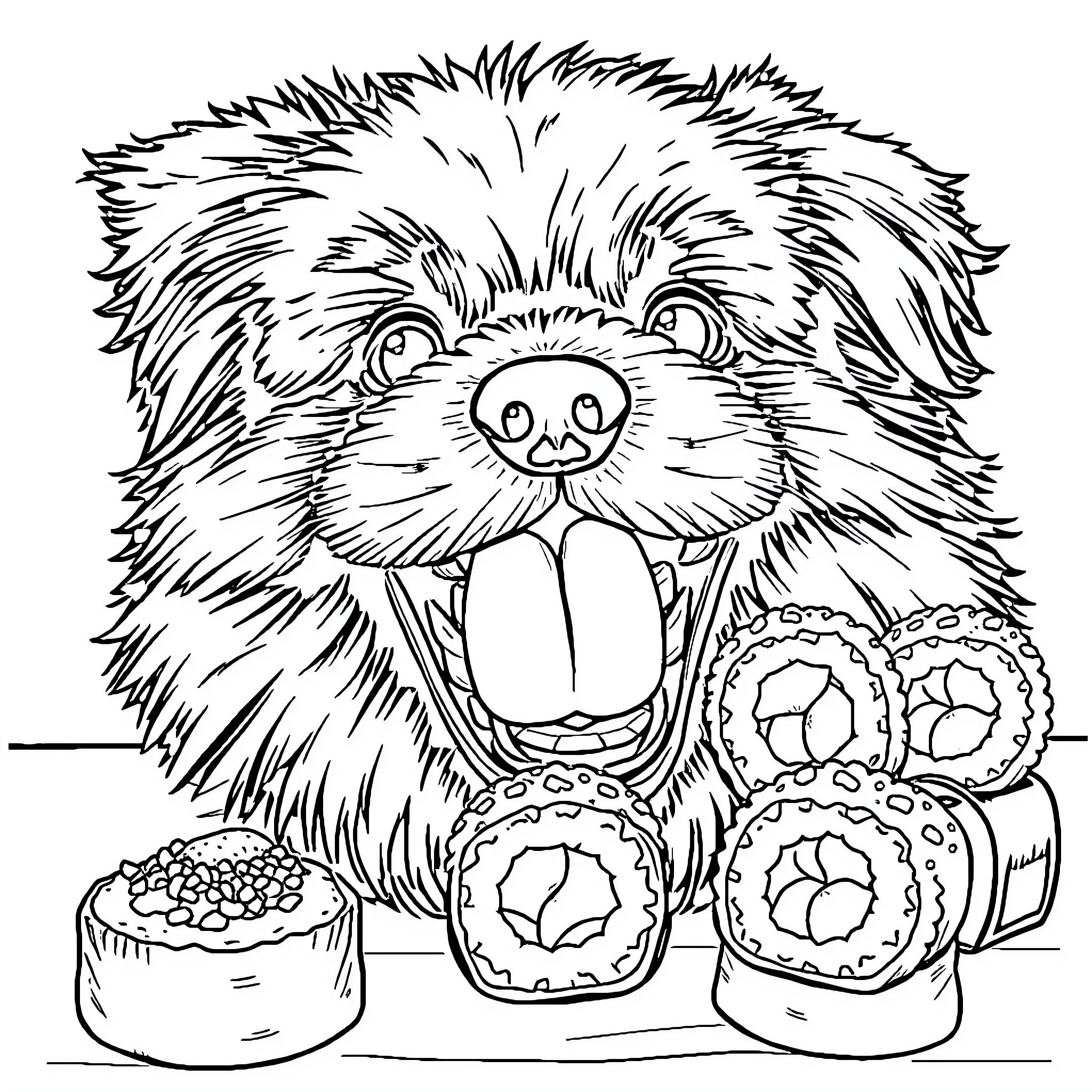 Dog enjoying tasty treats Coloring Page (free black-and-white line drawing printable PDF for all, from beginners to advanced learners, including children, teens, adults, and seniors)