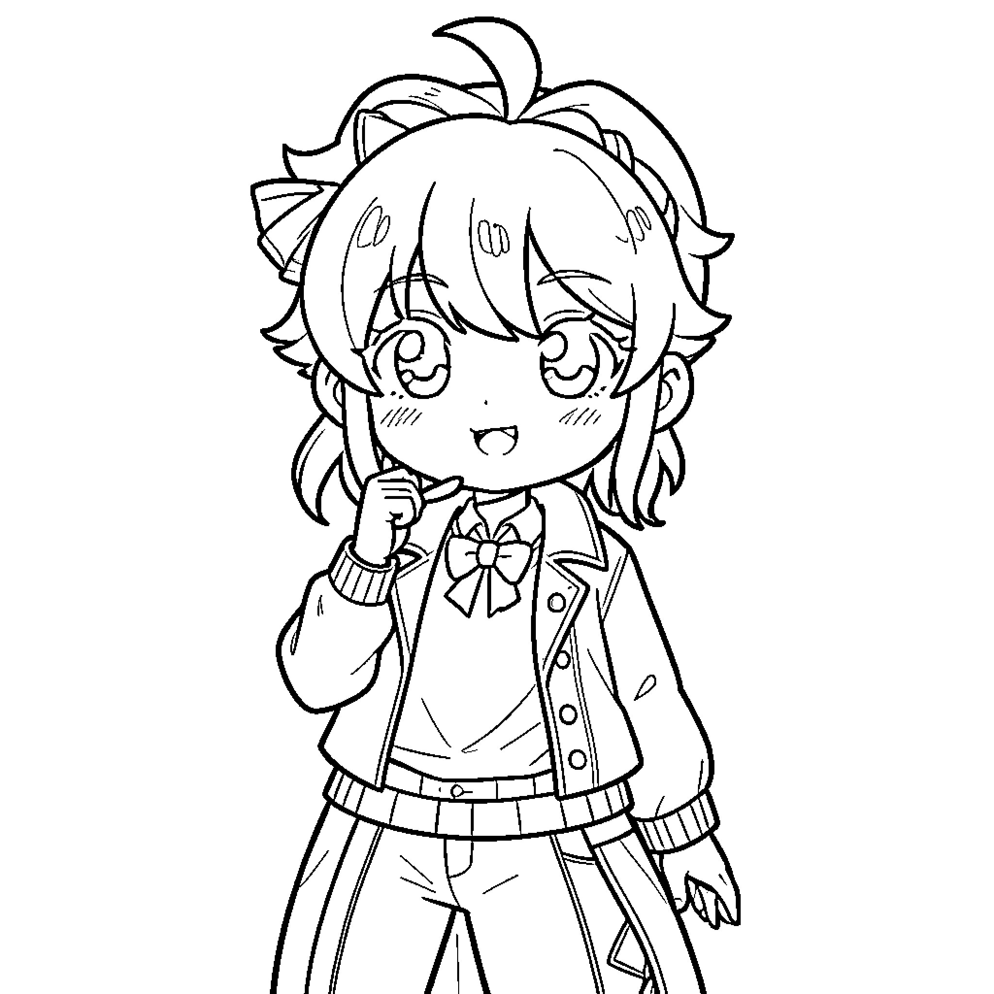 Manga Character in Casual Outfit with Cheerful Expression Coloring Page (free black-and-white line drawing printable PDF for all, from beginners to advanced learners, including children, teens, adults, and seniors)