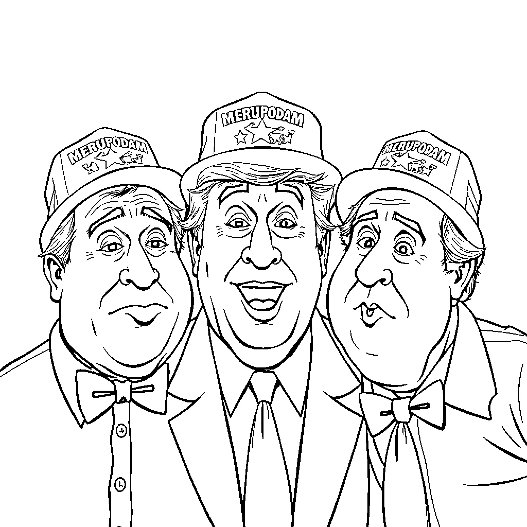 Three Stooges in Comical Attire and Expressions Coloring Page (free black-and-white line drawing printable PDF for all, from beginners to advanced learners, including children, teens, adults, and seniors)