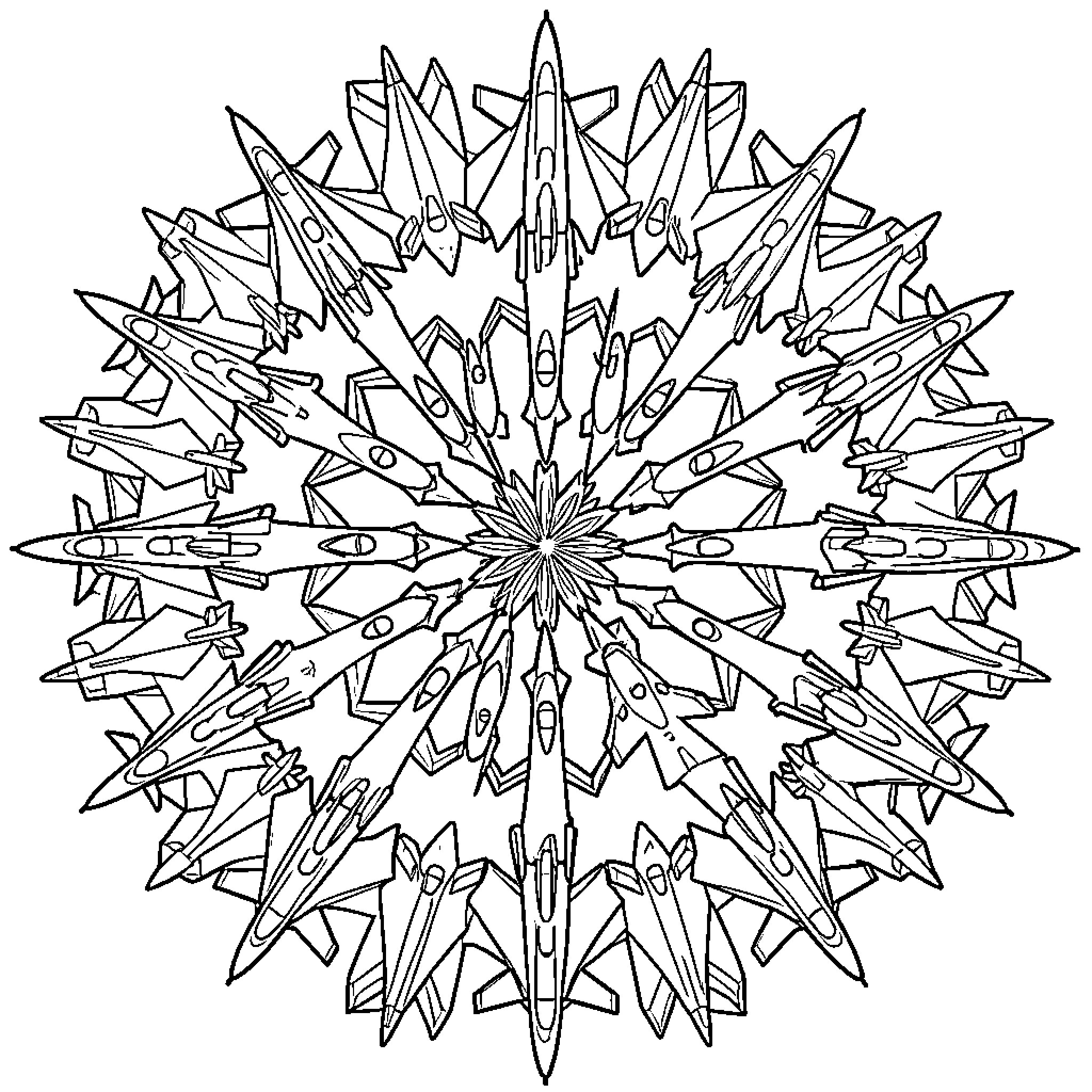 Combat Airplane Formation Explosion Artwork Coloring Page (free black-and-white line drawing printable PDF for all, from beginners to advanced learners, including children, teens, adults, and seniors)