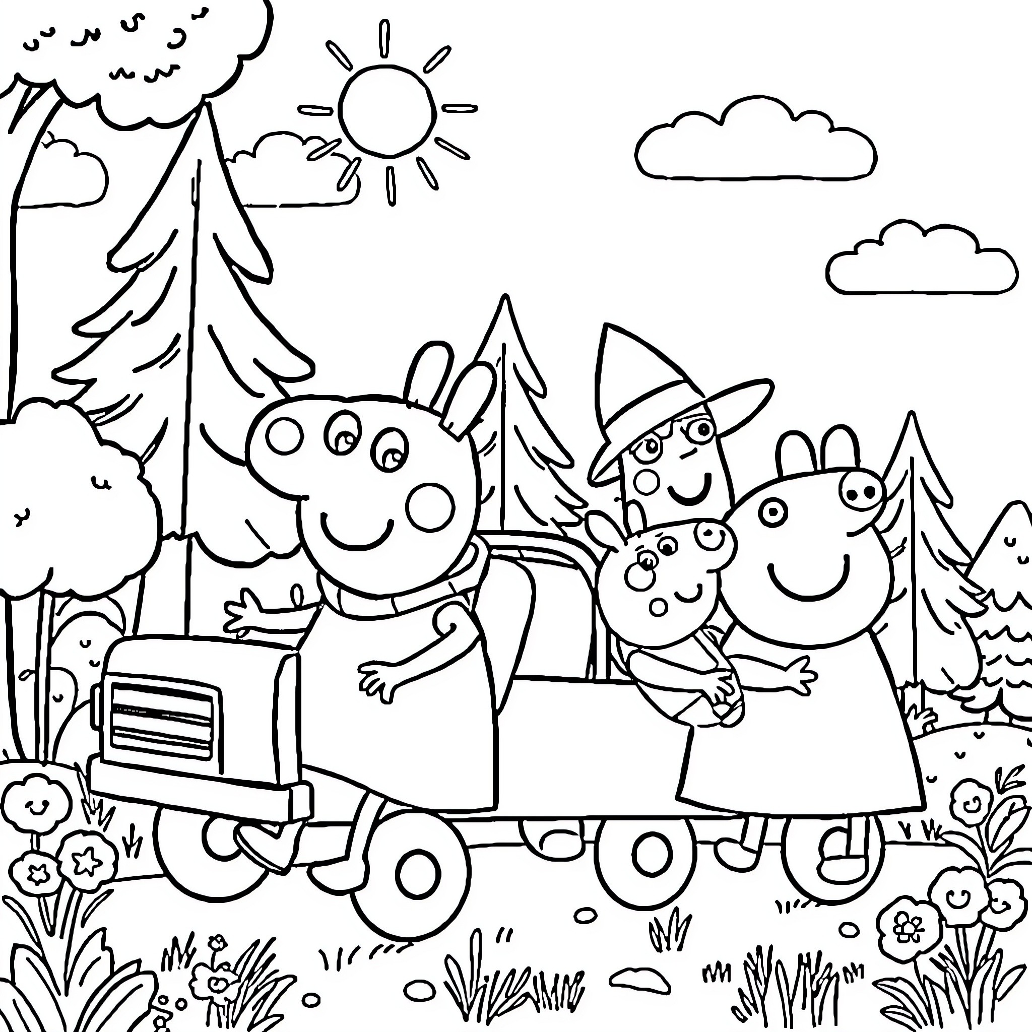 Bluey and Friends Explore the Countryside Coloring Page (free black-and-white line drawing printable PDF for all, from beginners to advanced learners, including children, teens, adults, and seniors)