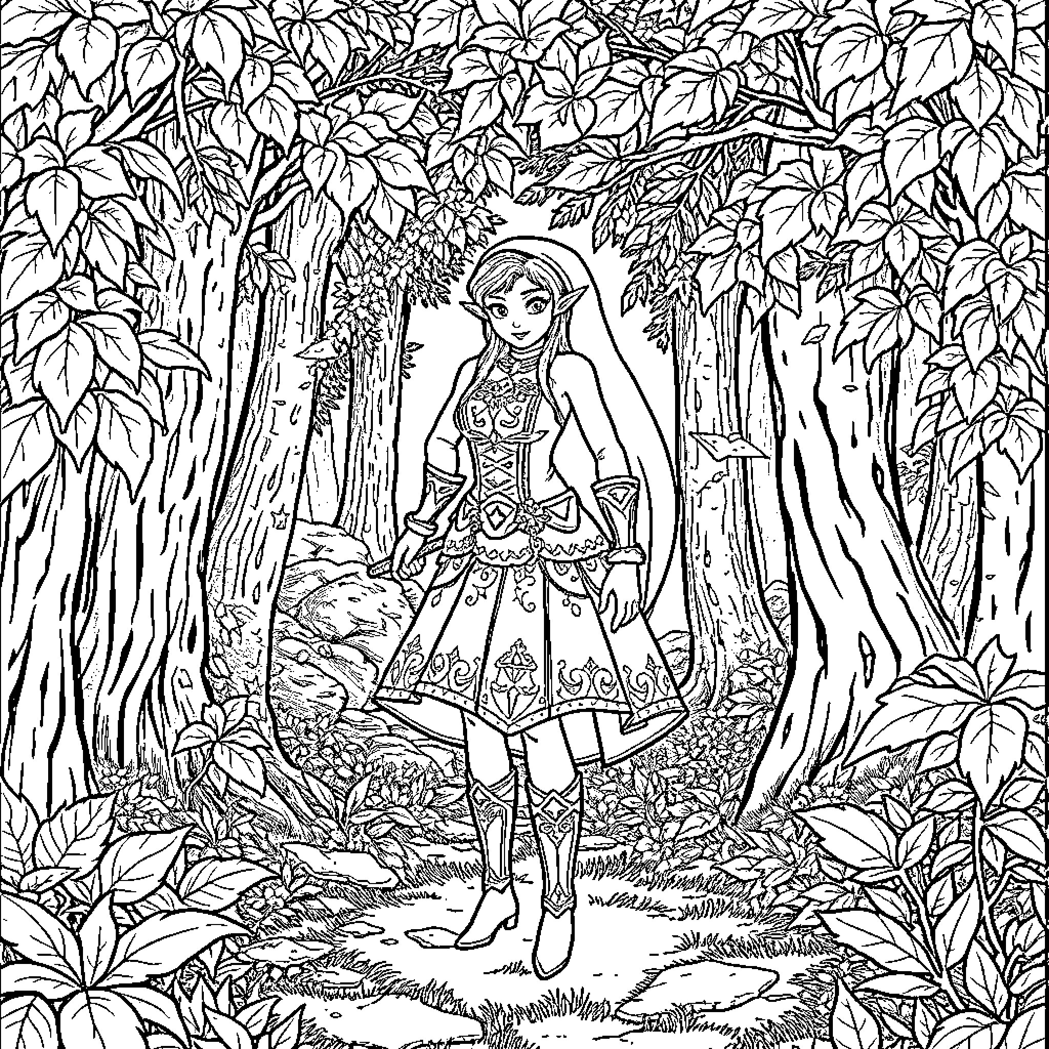 Zelda exploring the enchanted forest Coloring Page (free black-and-white line drawing printable PDF for all, from beginners to advanced learners, including children, teens, adults, and seniors)