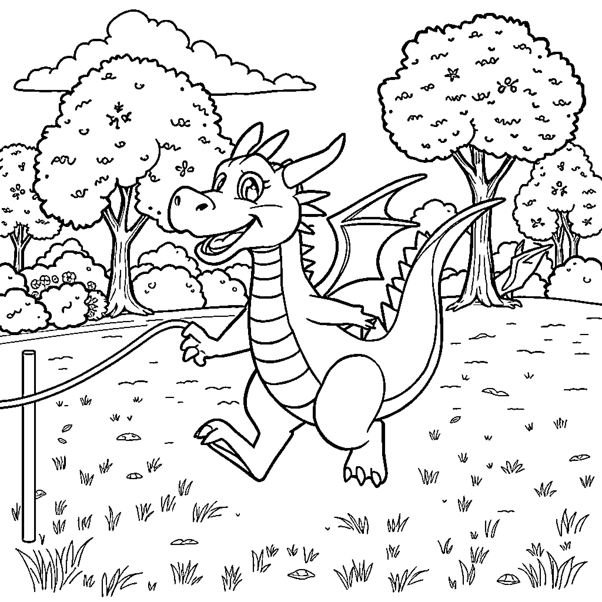 Dragon in a Whimsical Forest Landscape Coloring Page (free black-and-white line drawing printable PDF for all, from beginners to advanced learners, including children, teens, adults, and seniors)