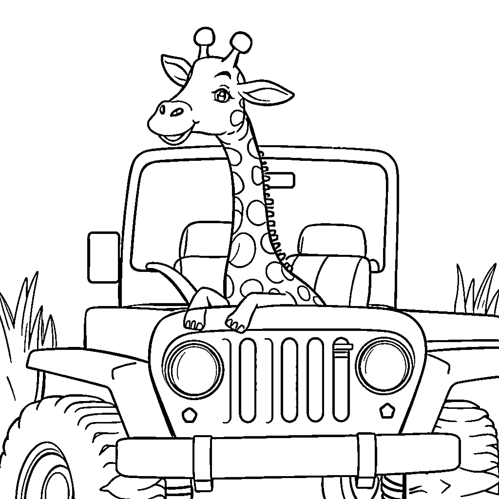 Giraffe riding an off-road vehicle in the wilderness Coloring Page (free black-and-white line drawing printable PDF for all, from beginners to advanced learners, including children, teens, adults, and seniors)