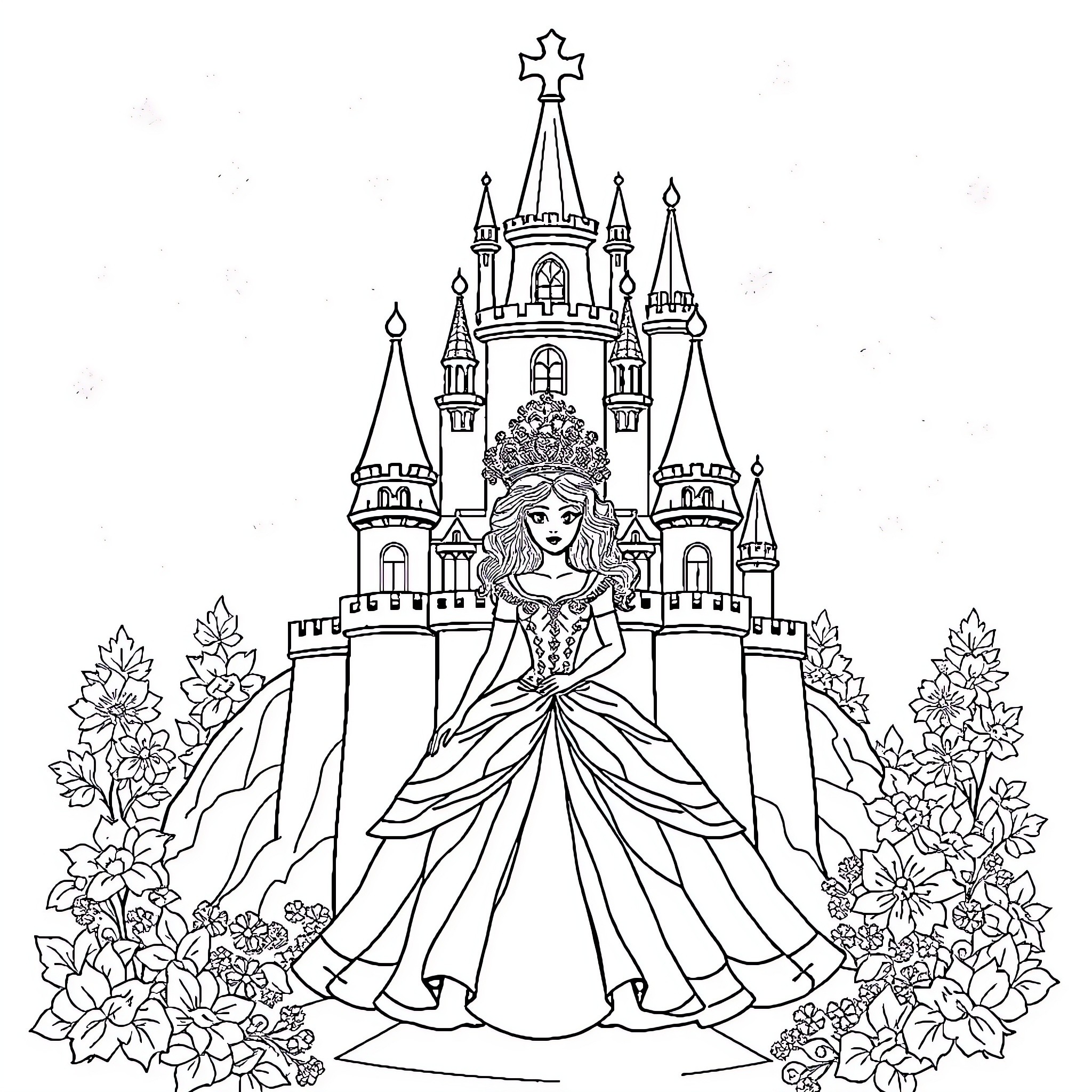 Princess in Elegant Dress in Front of Castle Coloring Page (free black-and-white line drawing printable PDF for all, from beginners to advanced learners, including children, teens, adults, and seniors)
