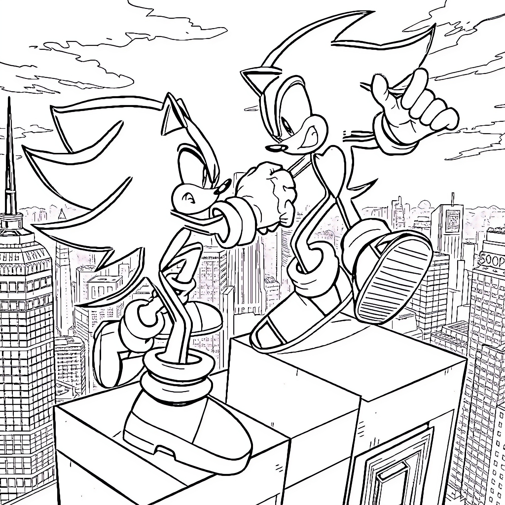 Sonic's Mischievous Adventure in the City Coloring Page (free black-and-white line drawing printable PDF for all, from beginners to advanced learners, including children, teens, adults, and seniors)