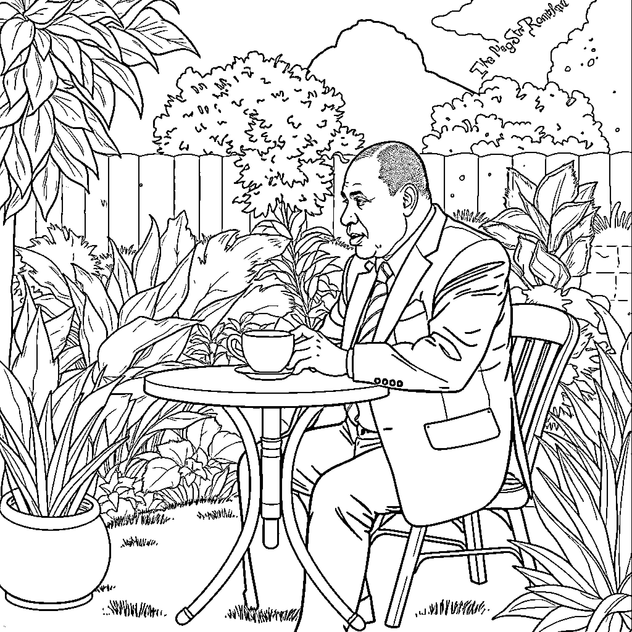 Ramaphosa enjoying a tranquil outdoor setting Coloring Page (free black-and-white line drawing printable PDF for all, from beginners to advanced learners, including children, teens, adults, and seniors)