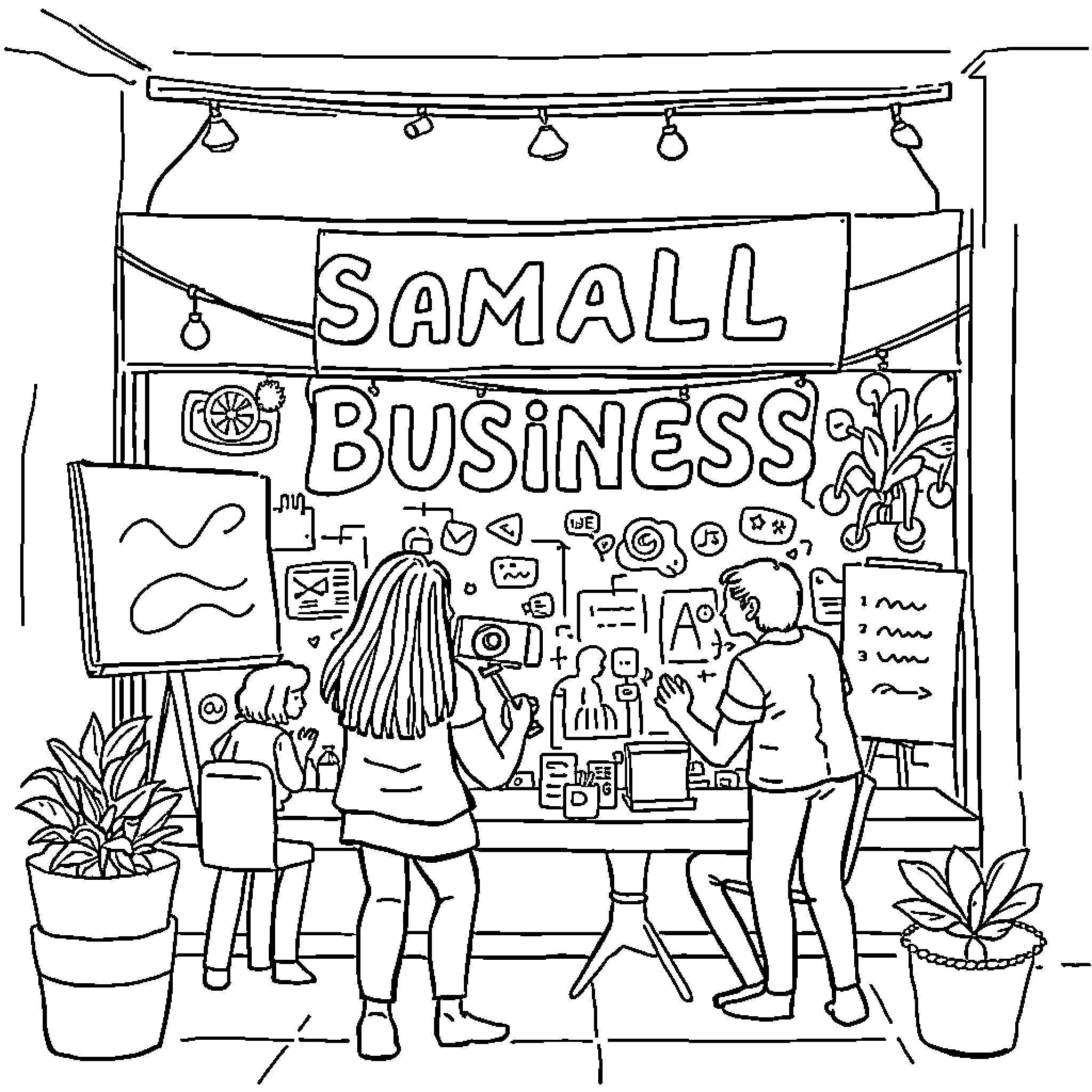 Business People Exploring Small Business Offerings Coloring Page (free black-and-white line drawing printable PDF for all, from beginners to advanced learners, including children, teens, adults, and seniors)