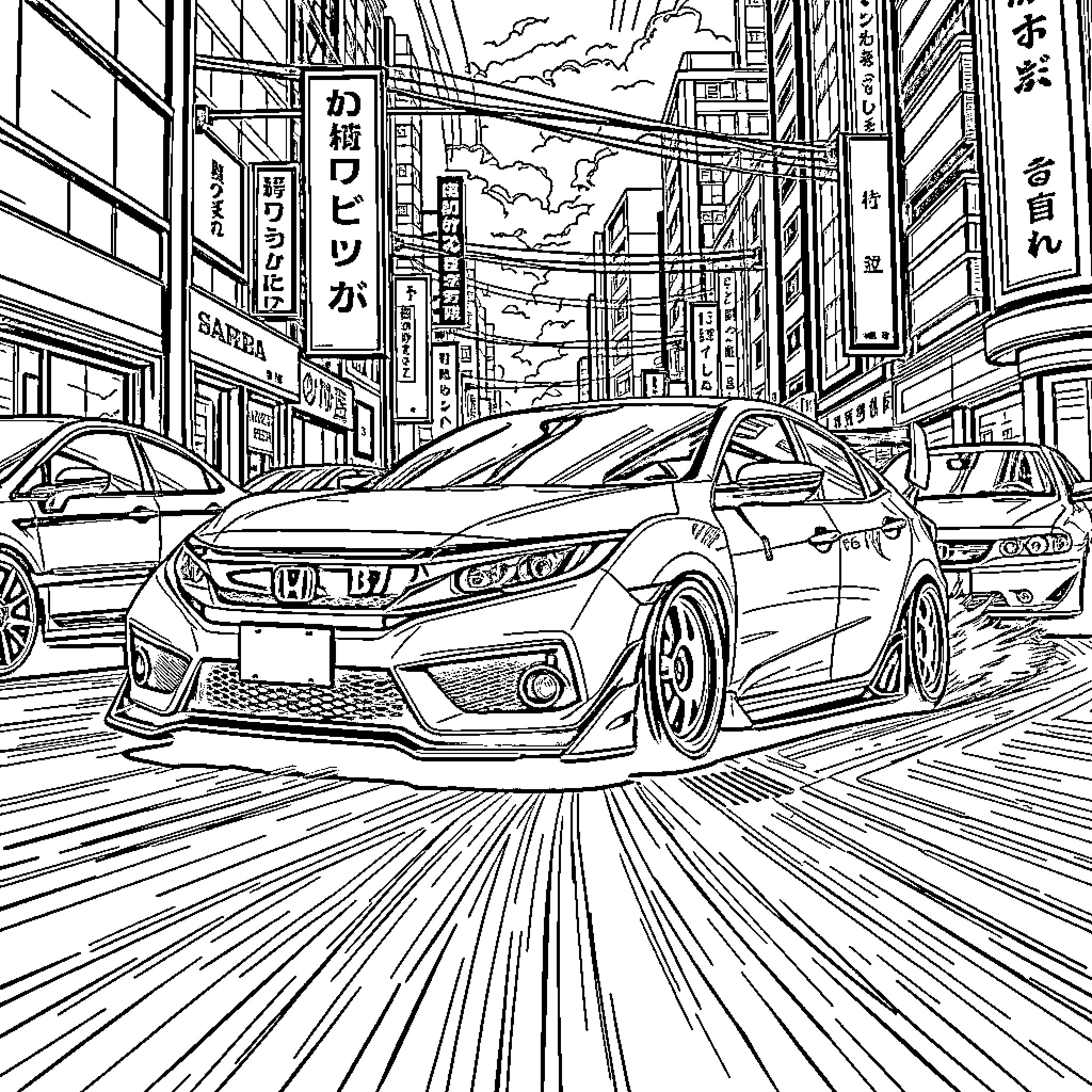 Honda Civic racing through Japanese city streets Coloring Page (free black-and-white line drawing printable PDF for all, from beginners to advanced learners, including children, teens, adults, and seniors)