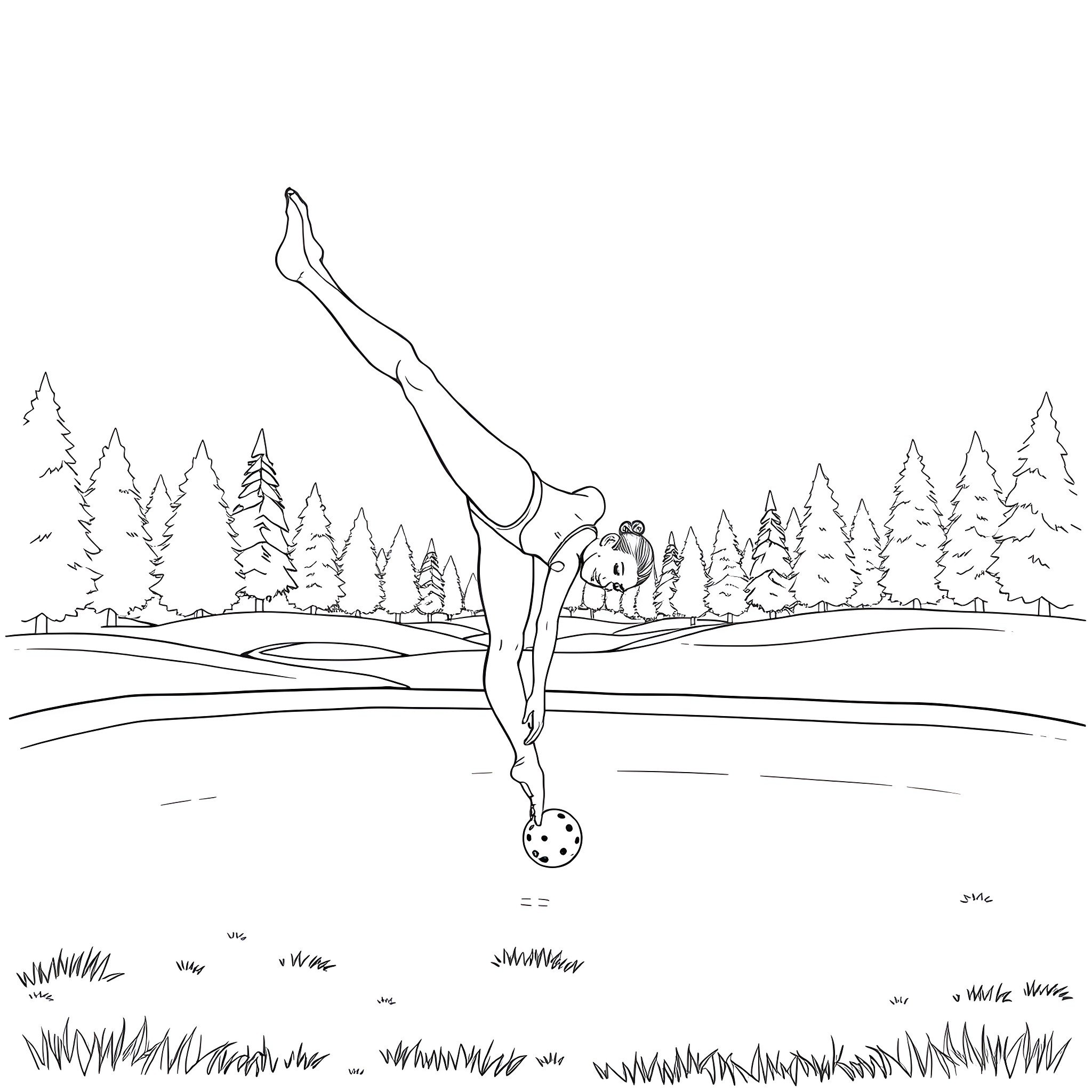 Gymnast performing acrobatic routine outdoors Coloring Page (free black-and-white line drawing printable PDF for all, from beginners to advanced learners, including children, teens, adults, and seniors)
