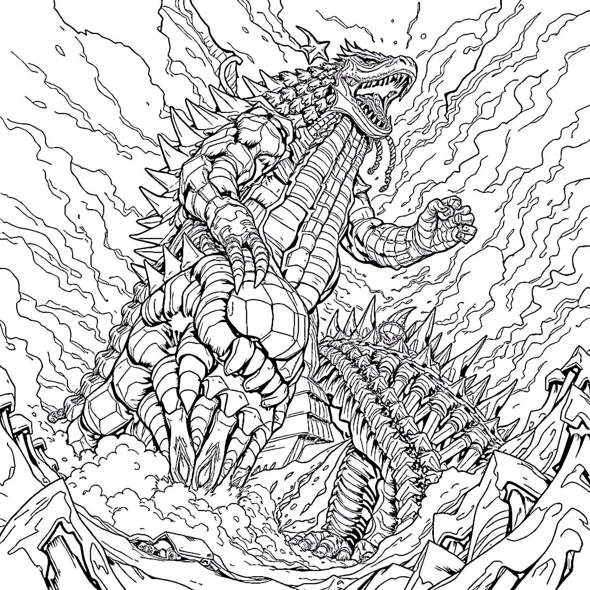 Kaiju Unleashed: Colossal Creature in Ferocious Action Coloring Page (free black-and-white line drawing printable PDF for all, from beginners to advanced learners, including children, teens, adults, and seniors)